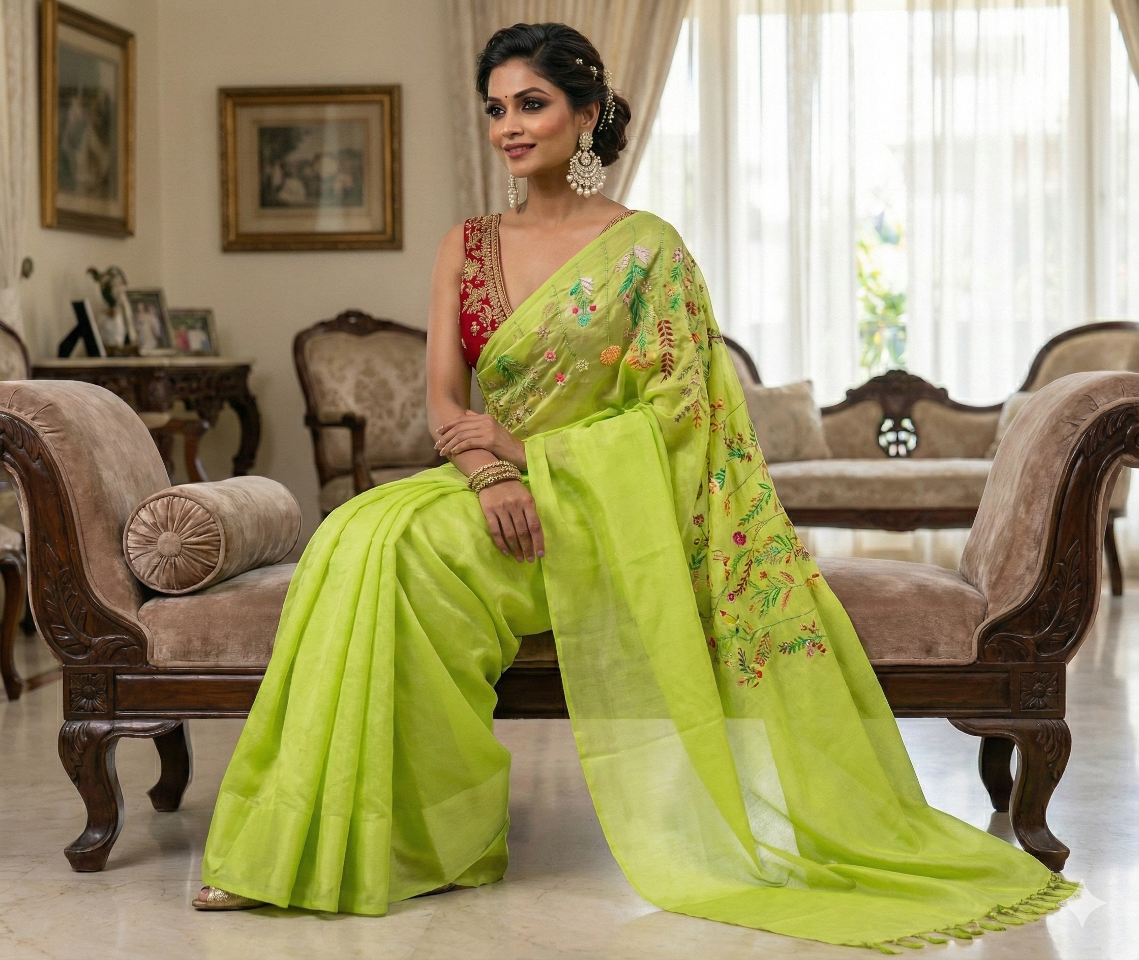 Lime Green Organza Sheer Saree with Hand‑Inspired Floral Embroidery