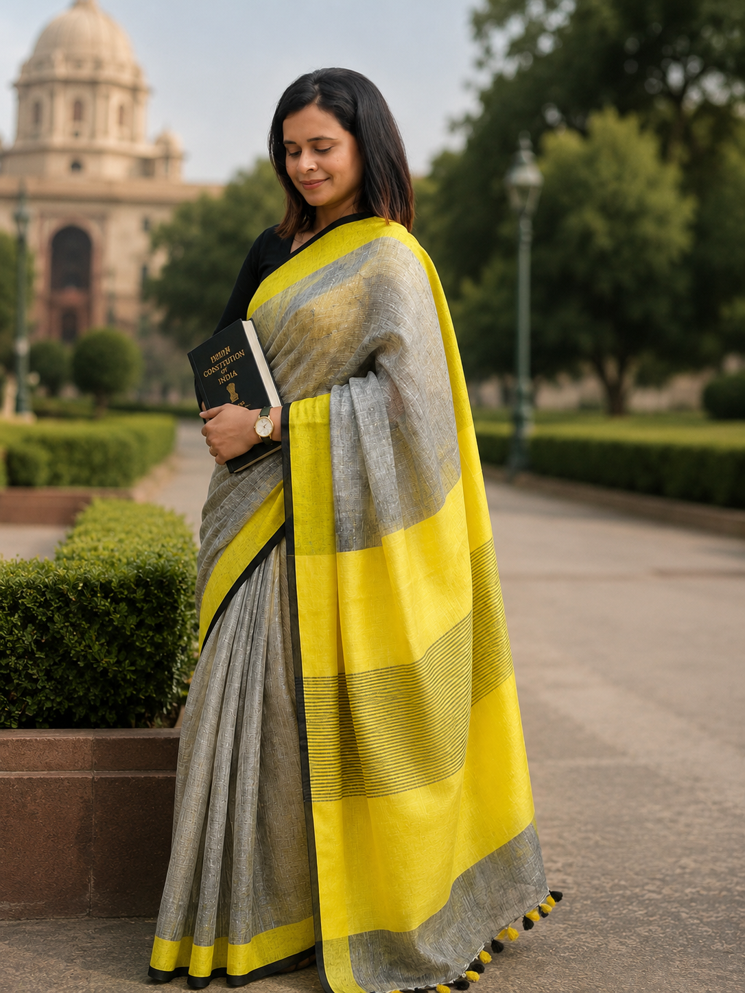 Organic Grey Pure Linen Saree with Yellow Border | Natural Office Wear