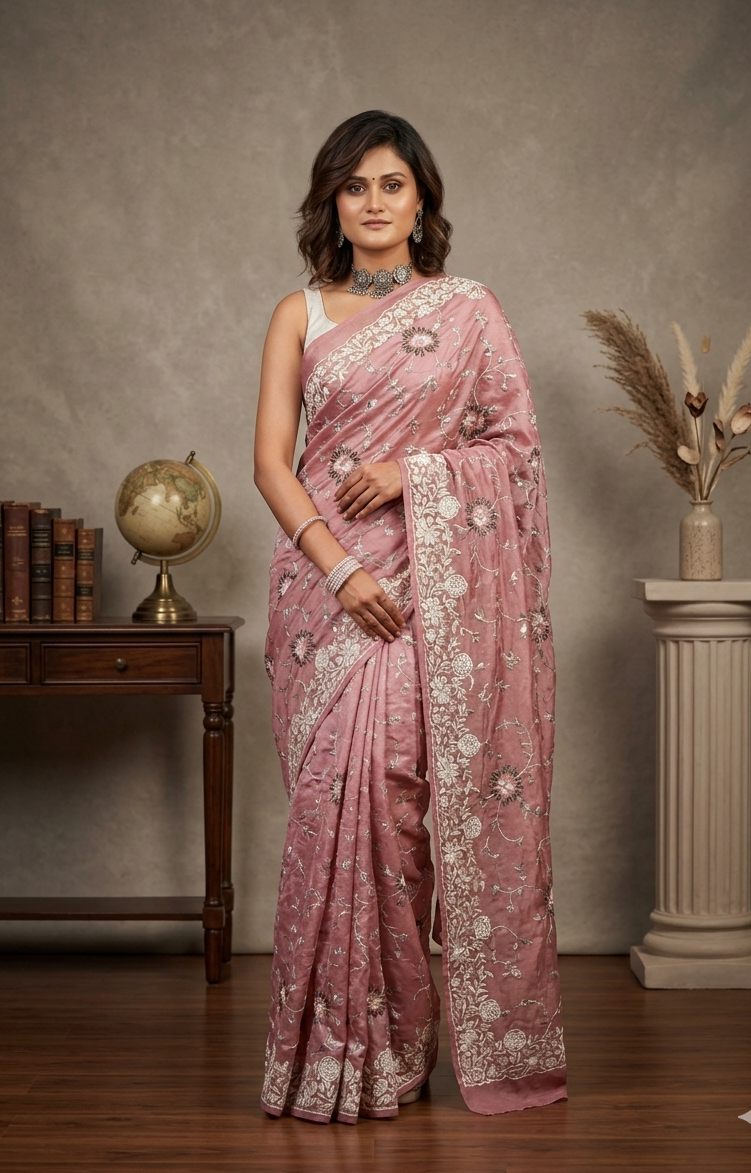 Authentic Dusty Rose Handloom Tusser Silk Saree with Intricate Floral Threadwork | SUTA-SAGA