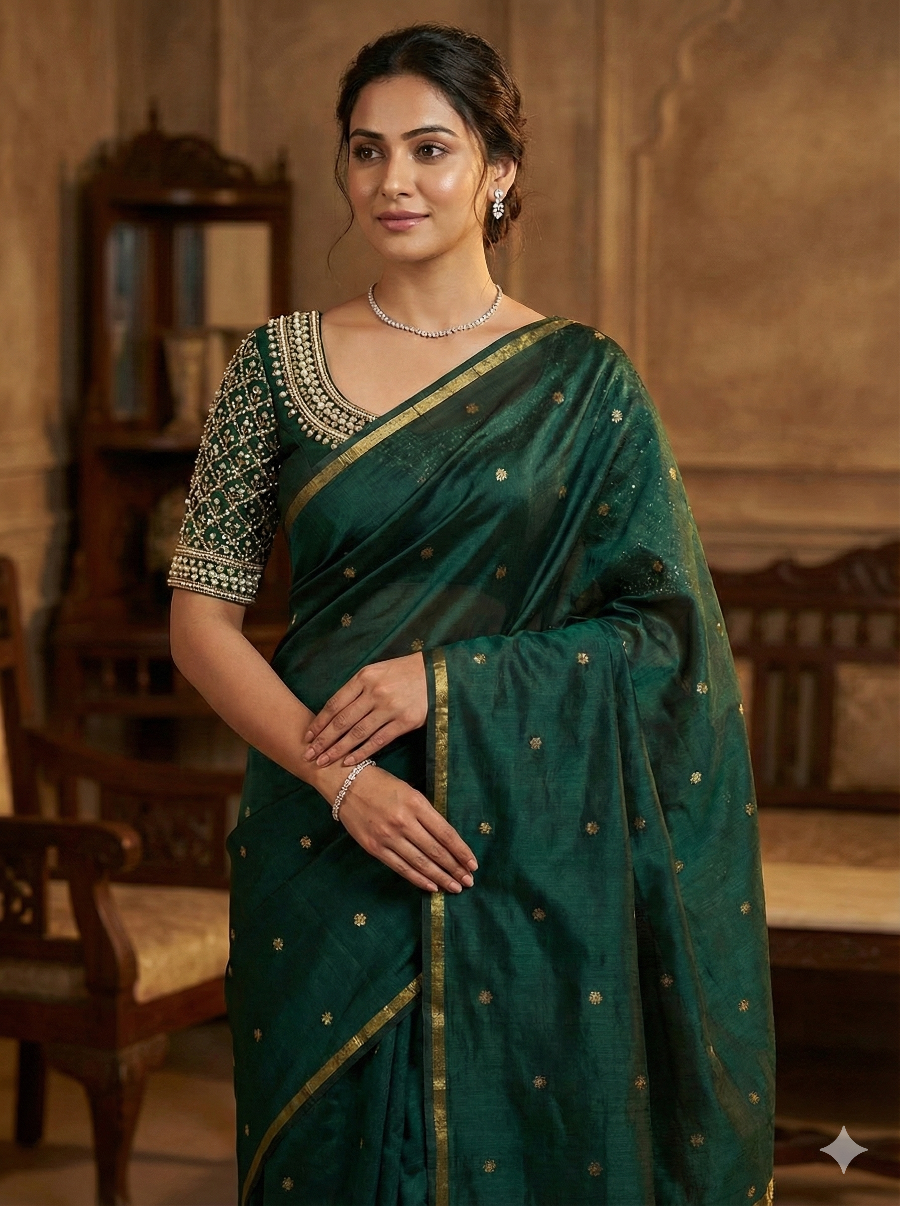 Premium unique Bottle Green Chanderi Pattu Silk Saree with Gold Zari Butta & Rich Tissue Border