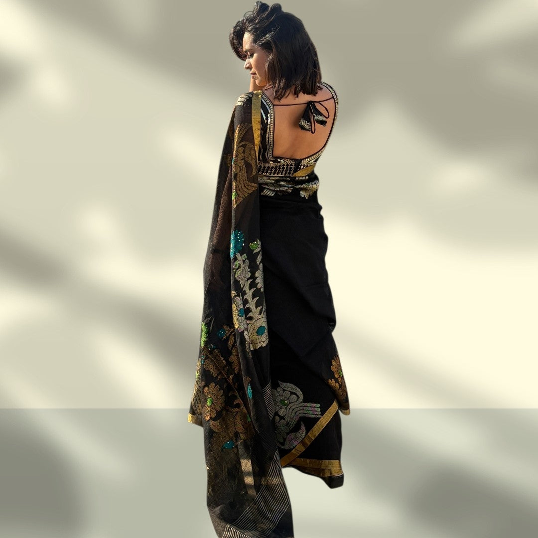Premium Black Linen Saree with Golden Zari Border | Designer Floral Weaves | Festive Collection