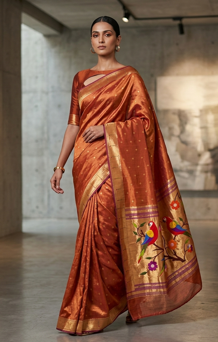 SUTA-SAGA Premium Burnt Rust Copper Orange Tissue Silk Paithani Saree - Exclusive Handloom Parrot Artistry – Traditional Maharashtrian Handloom