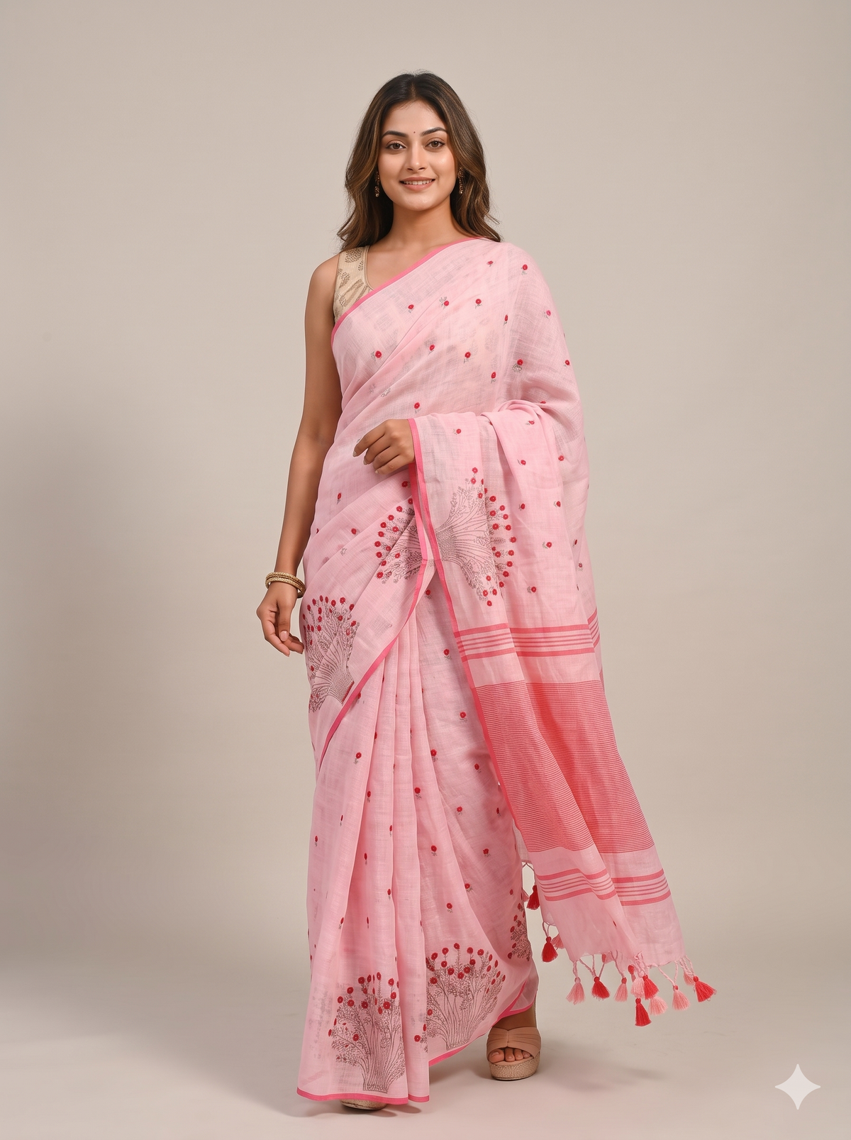 Blush Pink Linen Saree with Floral French Knot Embroidery & Tasseled Pallu