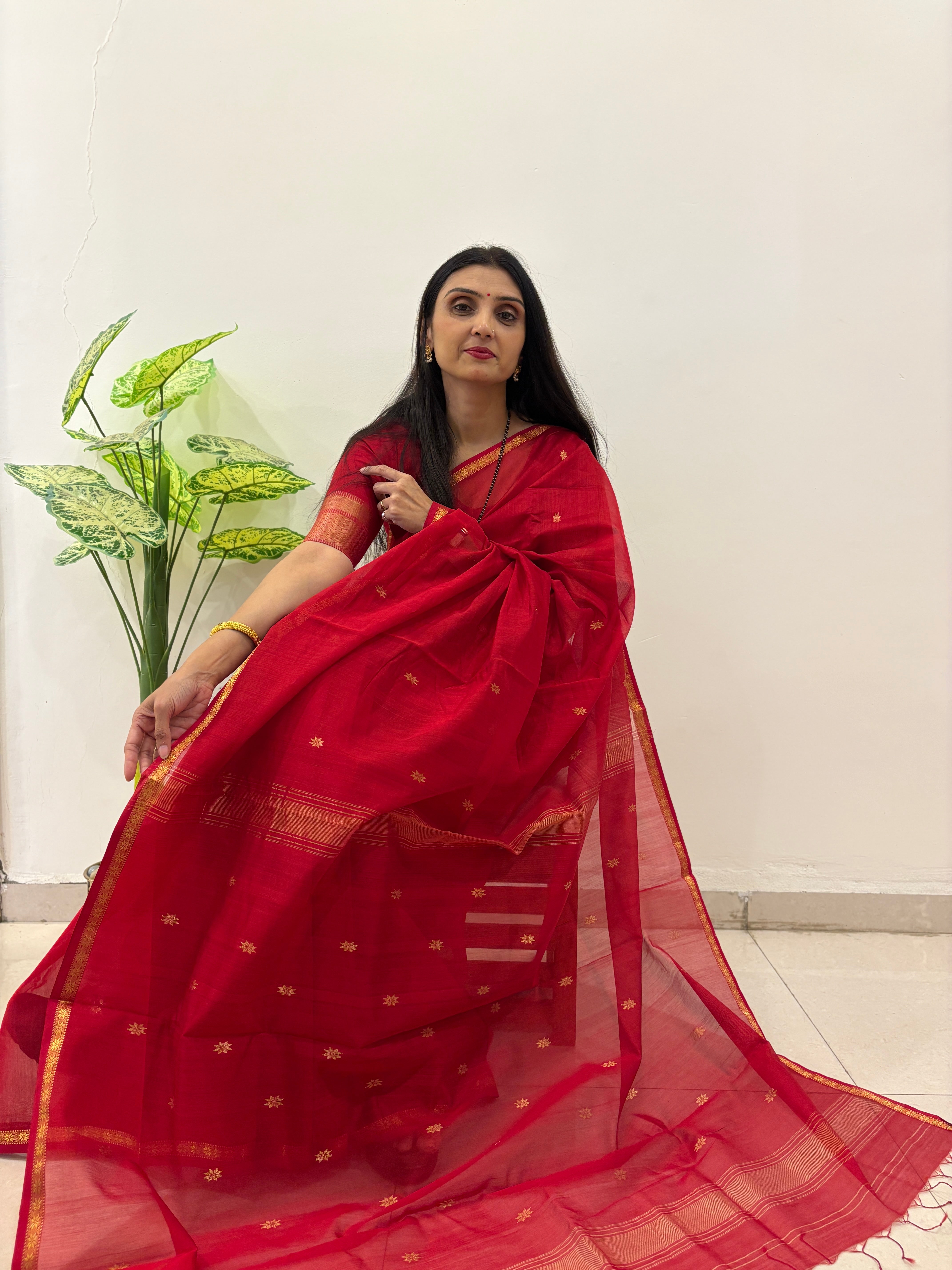 Authentic Crimson Red Maheshwari Silk Cotton Saree with Gold Zari Buttis | SUTA-SAGA