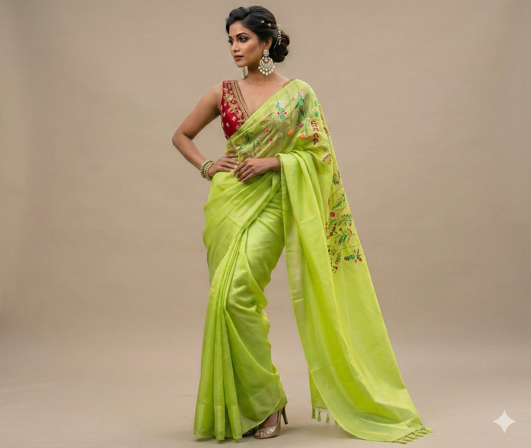 Lime Green Organza Sheer Saree with Hand‑Inspired Floral Embroidery