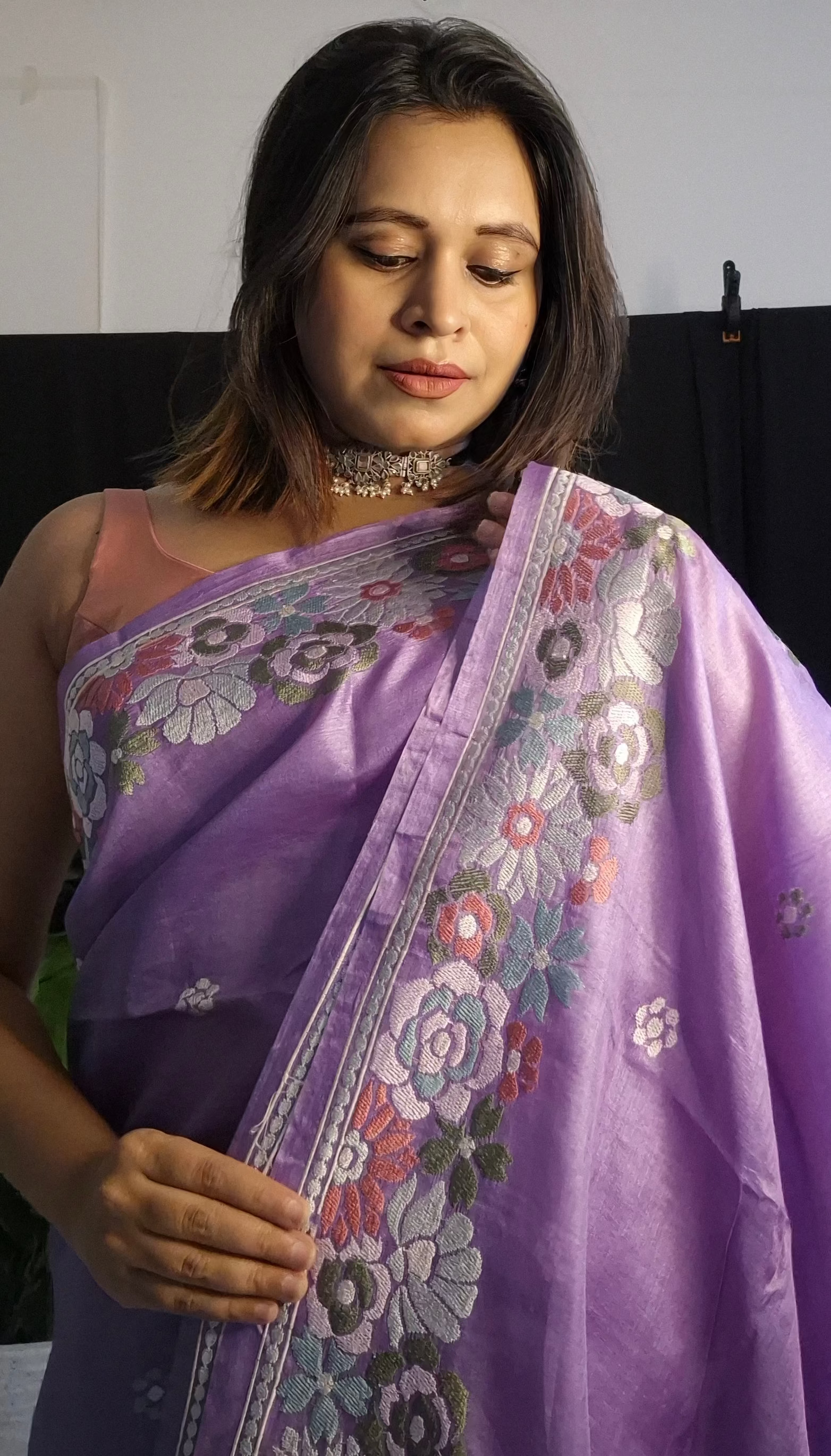 Authentic Vibrant Lavender Handloom Tusser Silk Saree with Intricate Floral Threadwork | SUTA-SAGA