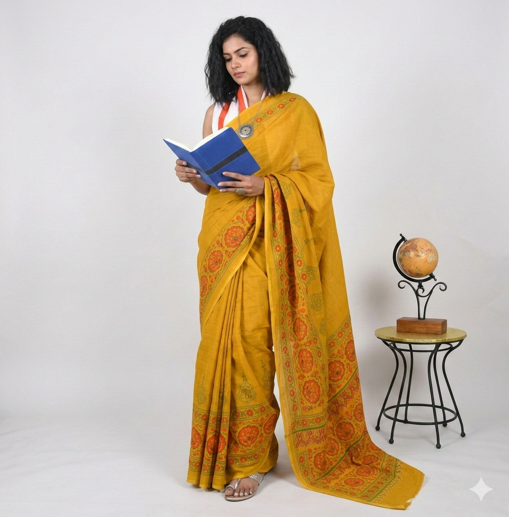 Natural Dyed hand blocked printed Mul Cotton Saree | Soft yellow | SUTA-SAGA