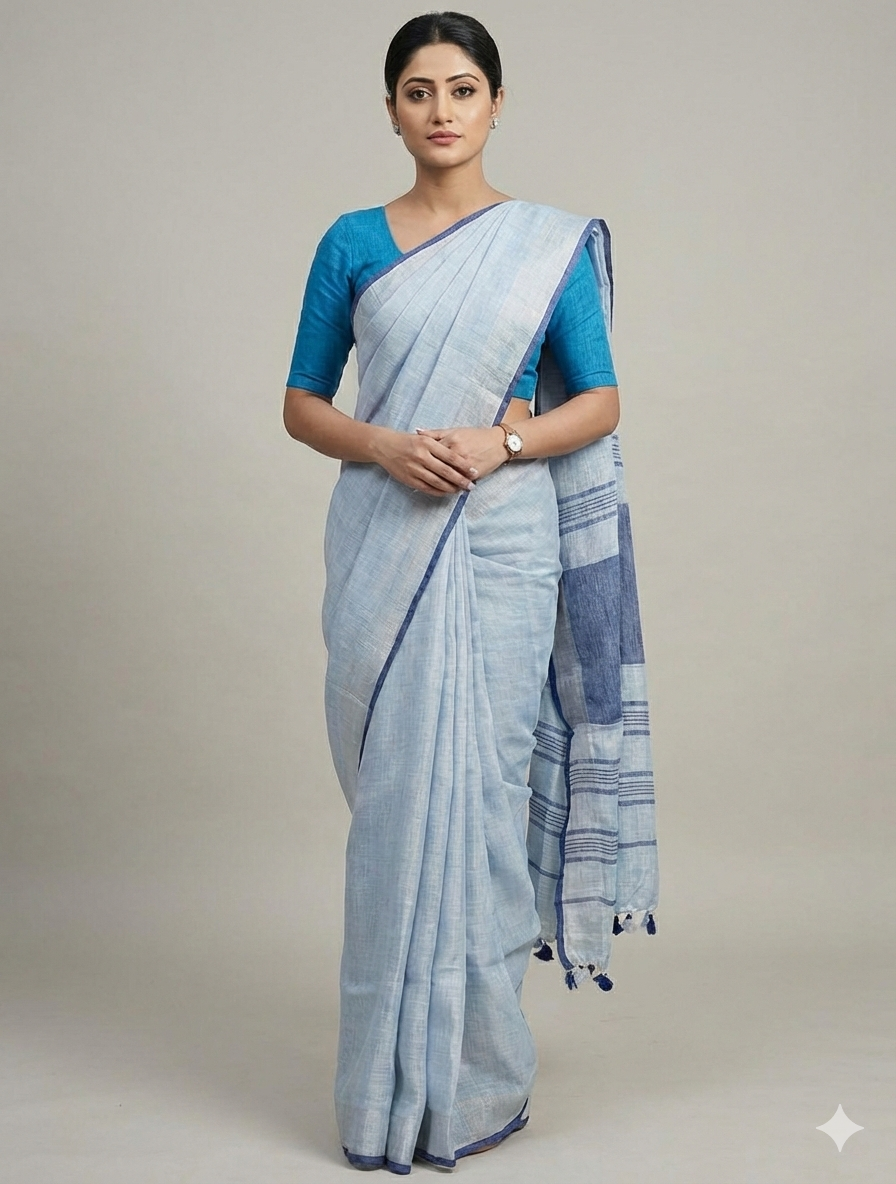 Pure Linen Saree in Sky Blue with Contrast Indigo Border & Tassels – Breathable Summer Wear