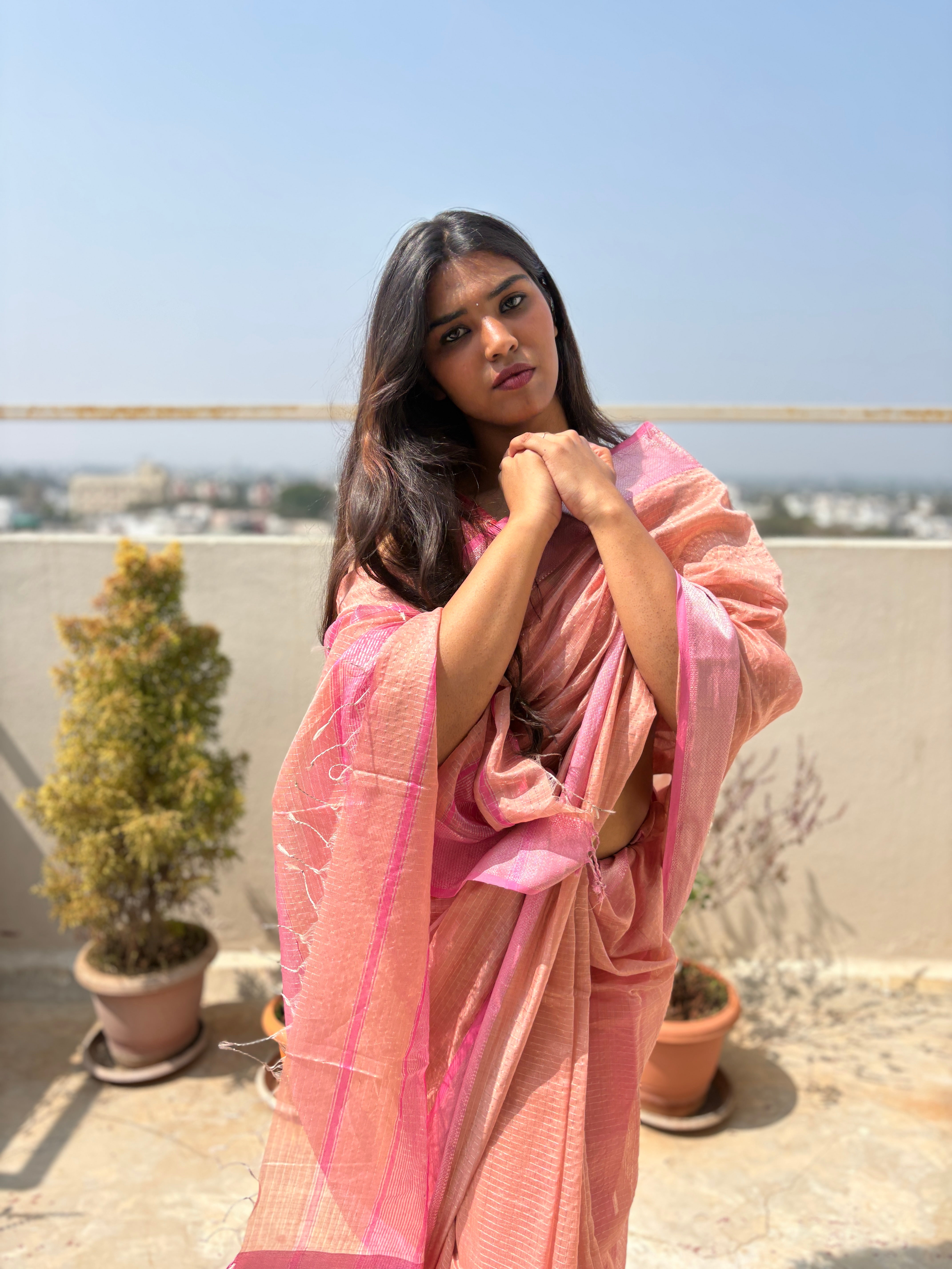 Authentic Blush Pink Maheshwari Silk Cotton Saree with Silver Zari Checks | SUTA-SAGA