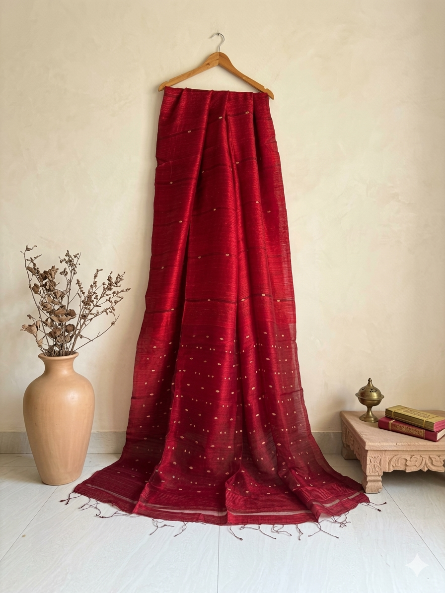 Handwoven Deep Red Matka silk Saree with Unique Pocket Shell Work | SUTA-SAGA