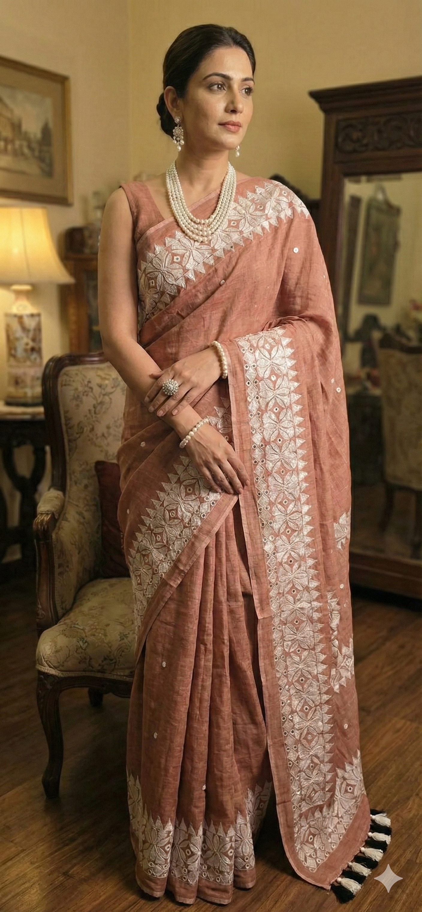 Authentic Gujarati Mulmul Saree with Hand-Stitched Mirror Work – Soft Beige Ivory.