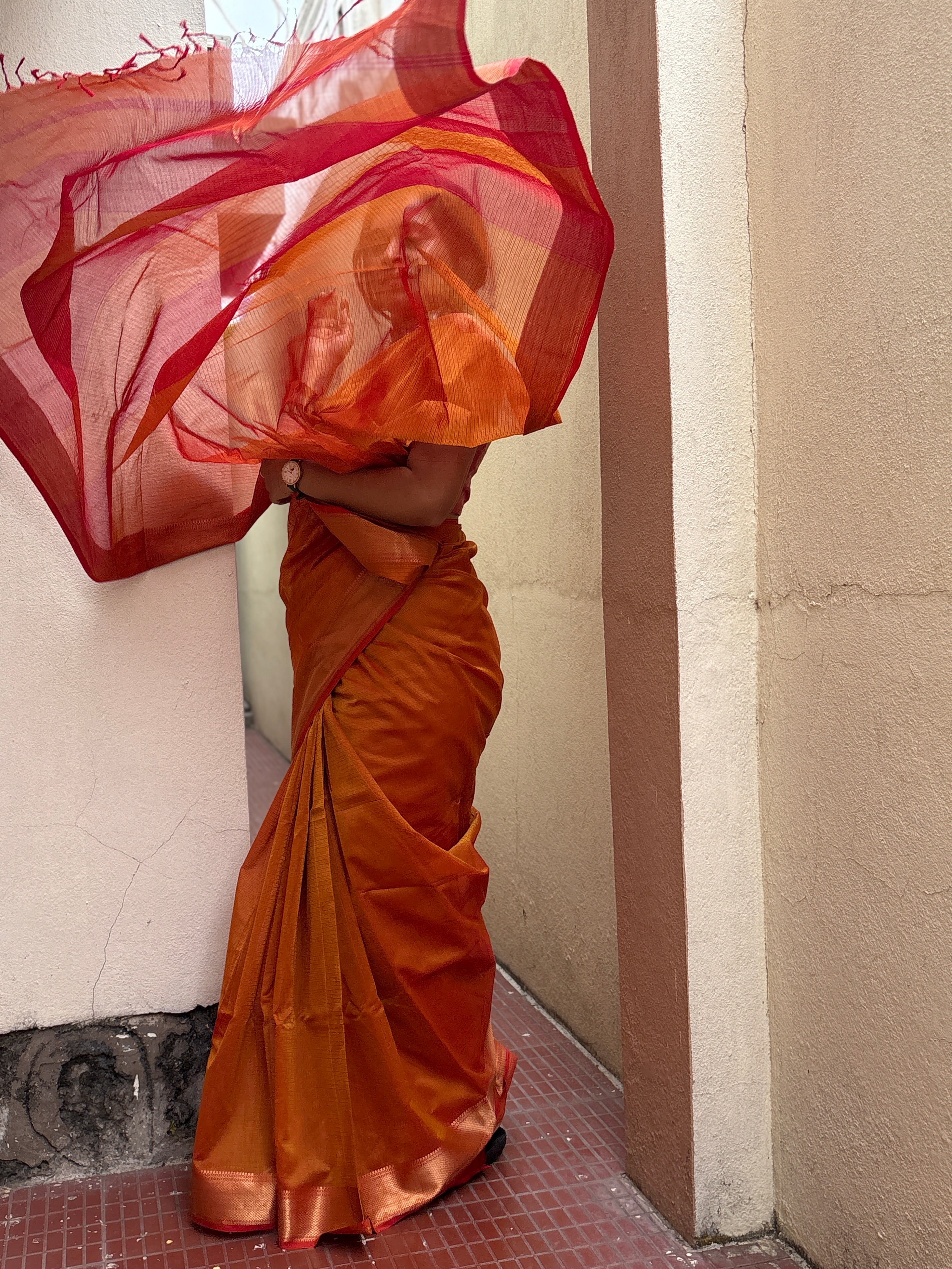 Authentic Deep Orange Handloom Maheshwari Silk Cotton Saree with Golden Zari | SUTA-SAGA