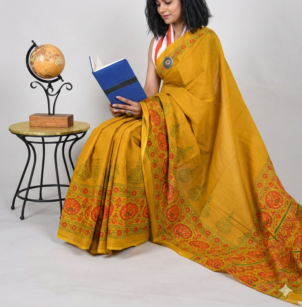 Natural Dyed hand blocked printed Mul Cotton Saree | Soft yellow | SUTA-SAGA