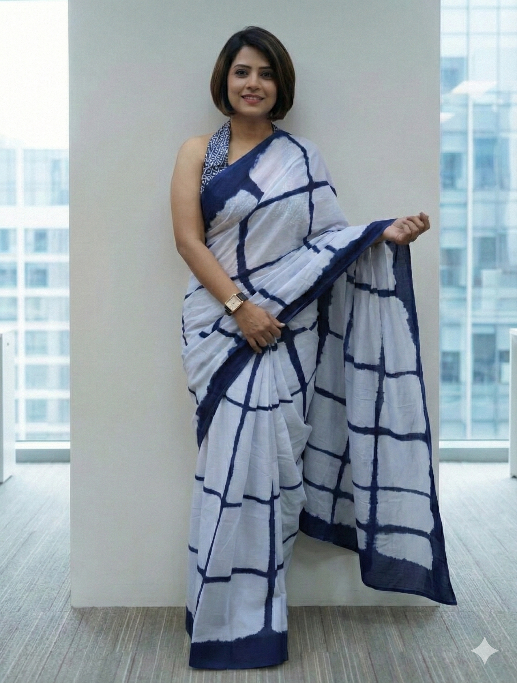 Natural Dyed handblocked printed Mul Cotton Block Print Saree | White & Blue