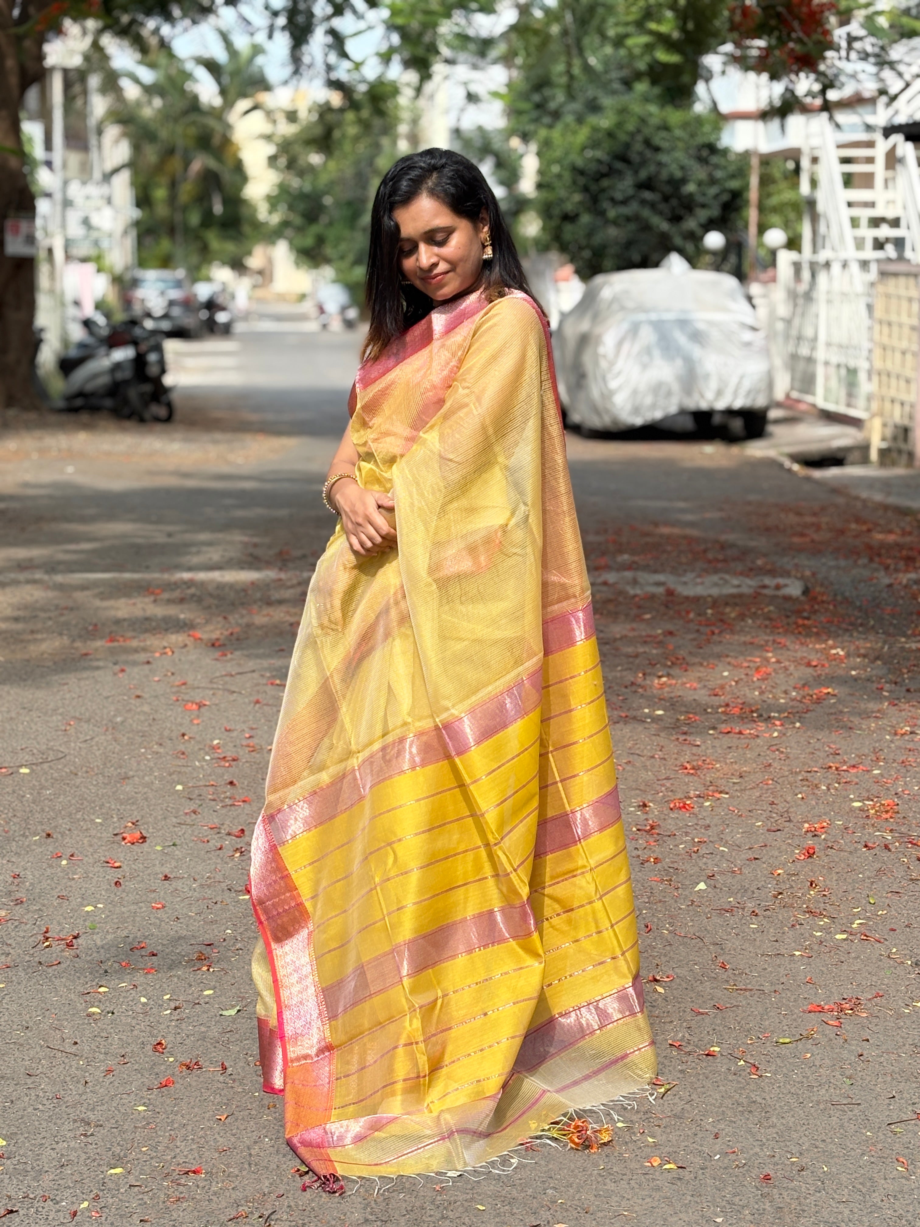 Authentic Radiant Golden - Yellow Handloom Maheshwari Silk Cotton Saree with Silver Zari Checks | SUTA-SAGA