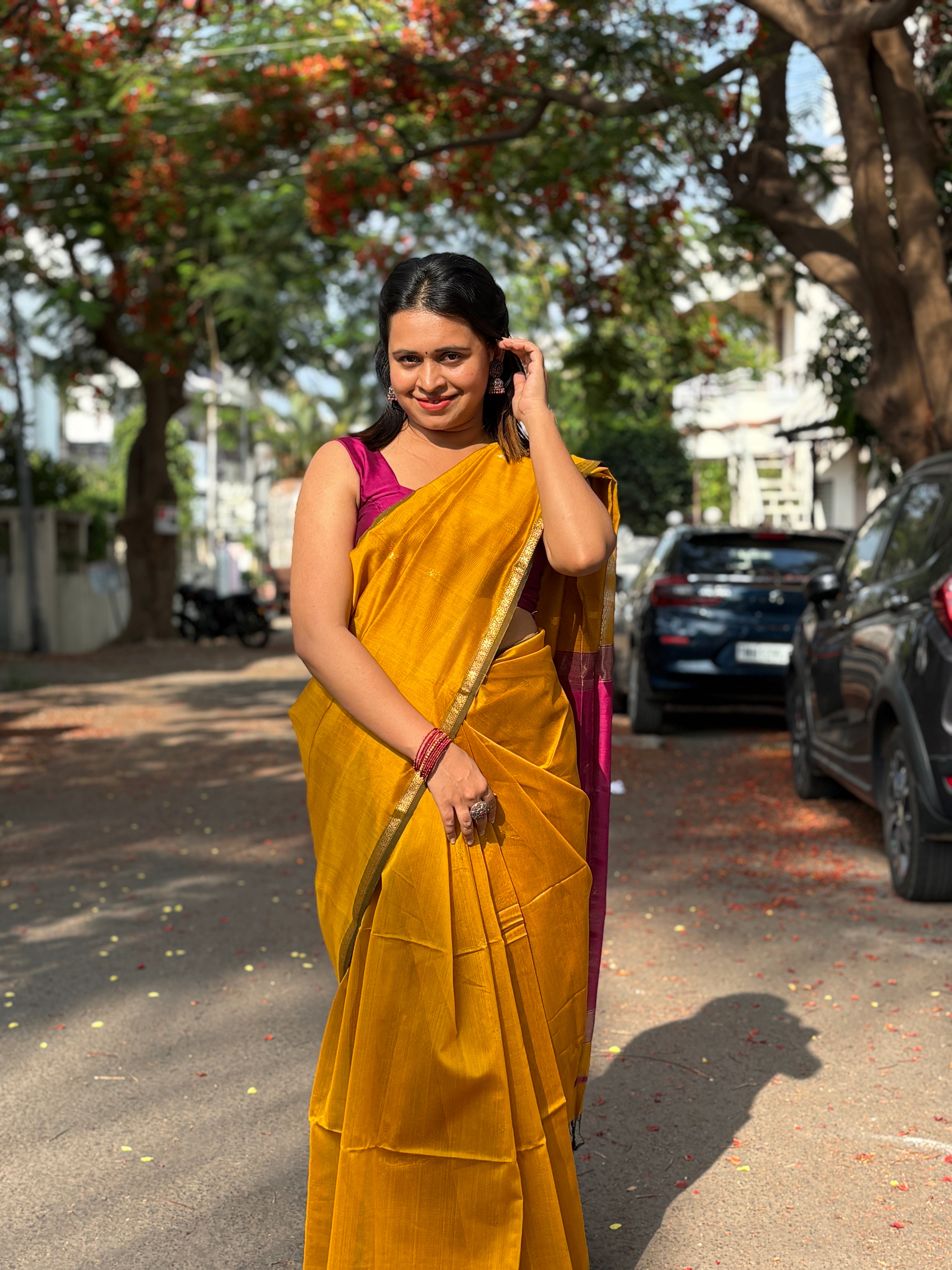 Authentic Yellow Maheshwari Silk Cotton Saree with Gold Zari Buttis | SUTA-SAGA