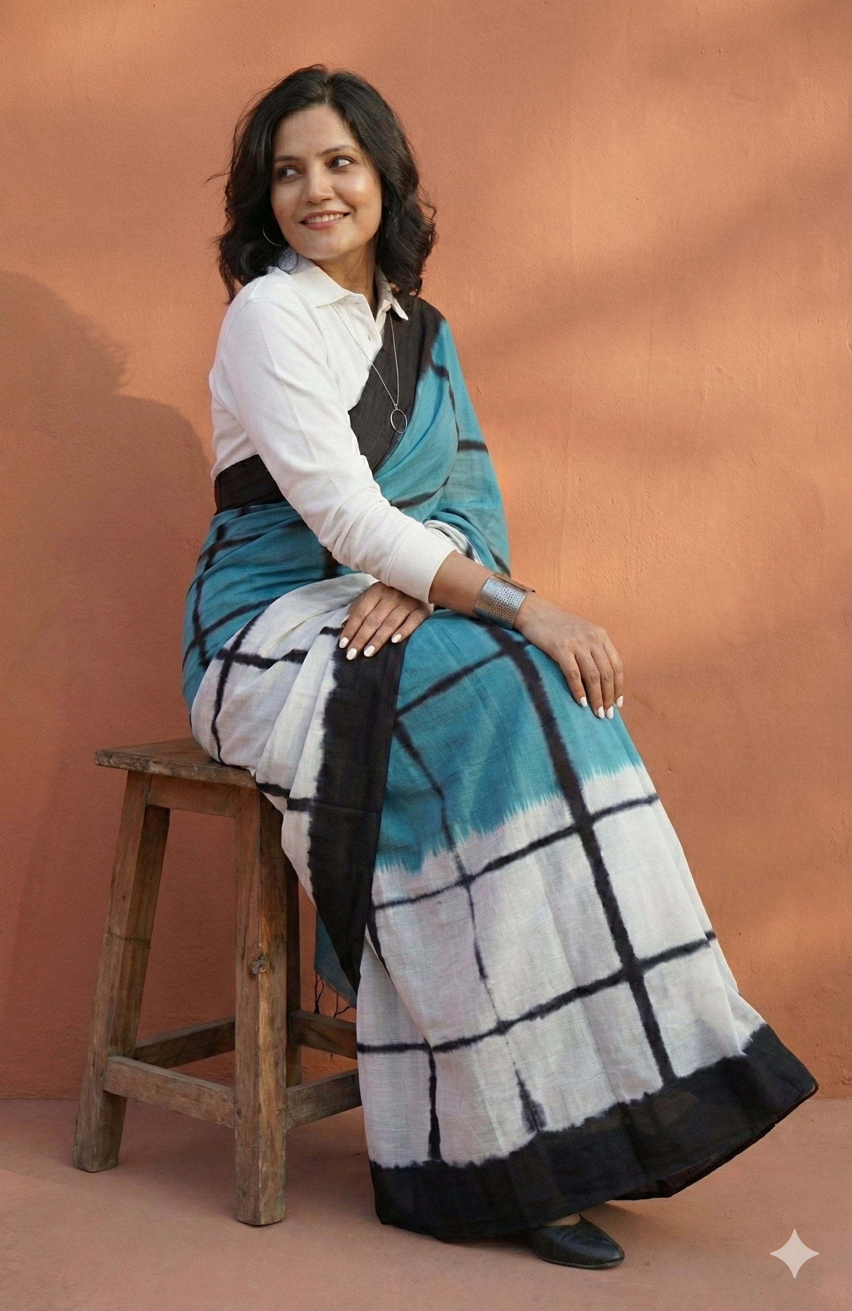 Natural Dyed handblocked printed Mul Cotton Block Print Saree | Teal & Black Geometric