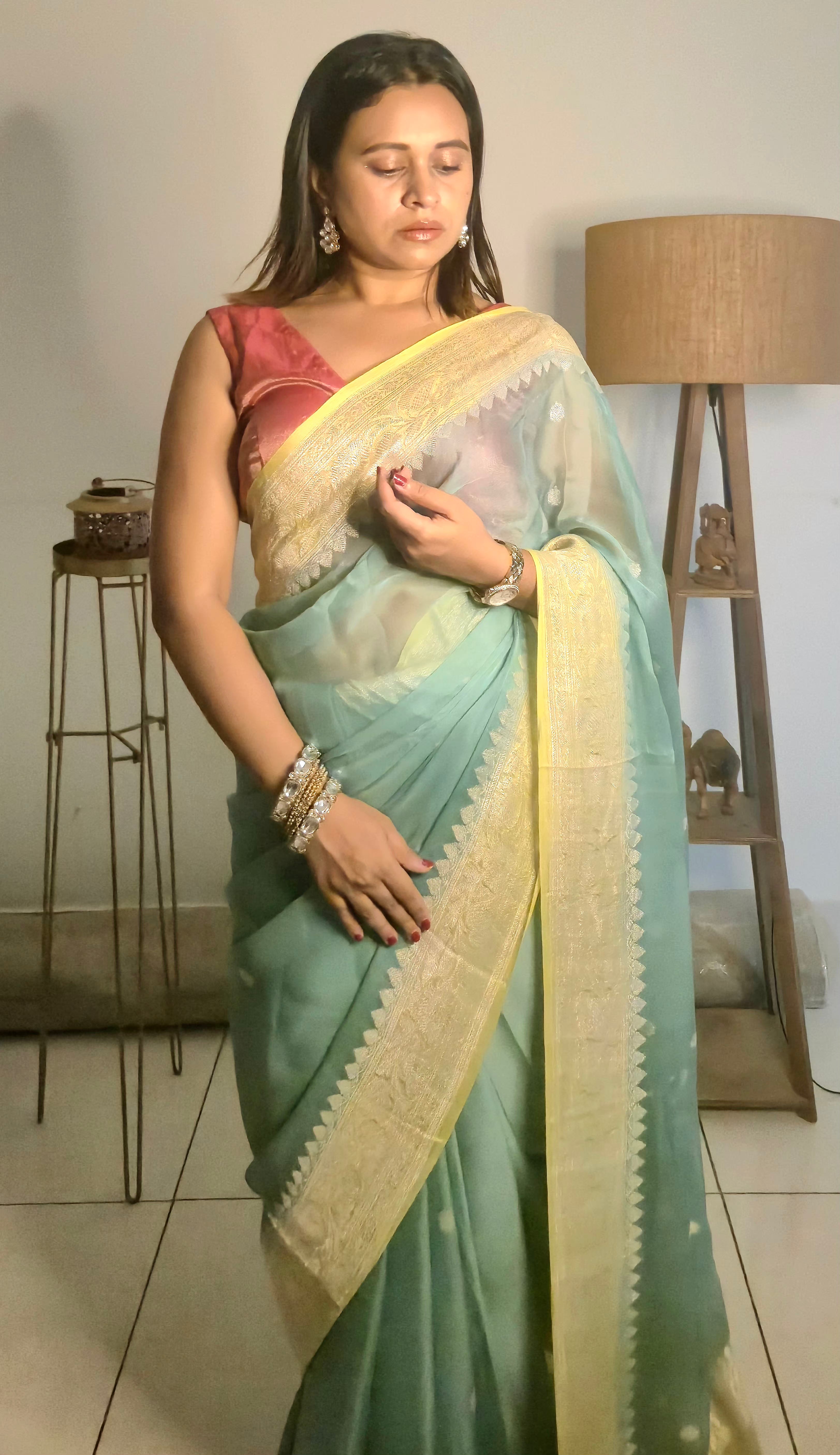 khaddi Chiffon Mysore Silk see green Saree – Handcrafted Elegance