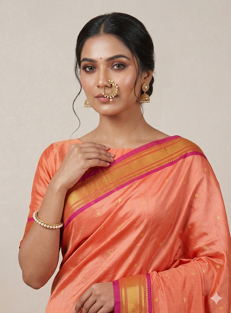 Handloom Authentic Unique Corol Soft Silk Saree with Golden Zari & Contrast Fuscia Pink Pallu – Peacock Motif Pallu