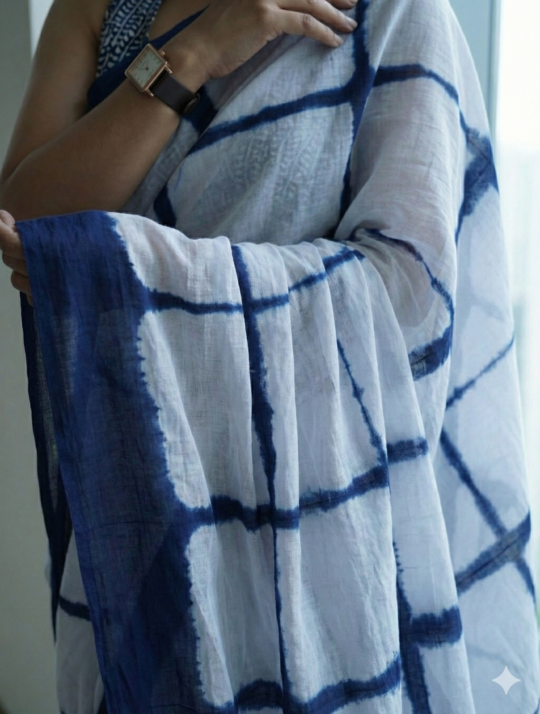 Natural Dyed handblocked printed Mul Cotton Block Print Saree | White & Blue