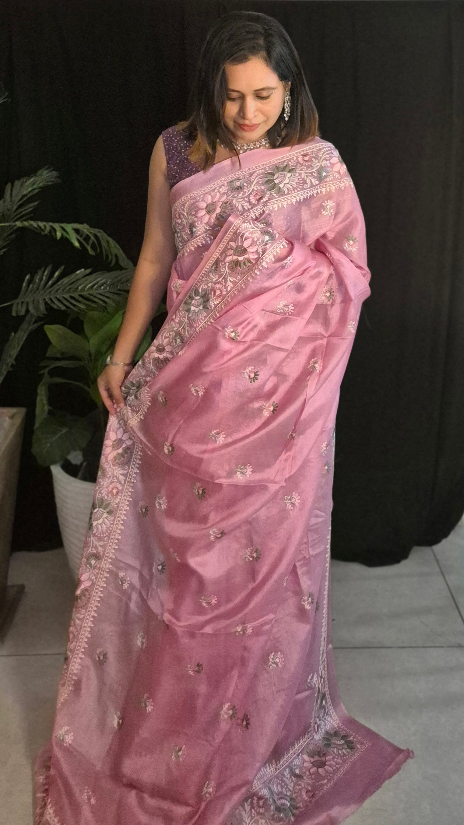 Authentic Pink Handloom Tusser Silk Saree with Intricate Floral Threadwork | SUTA-SAGA