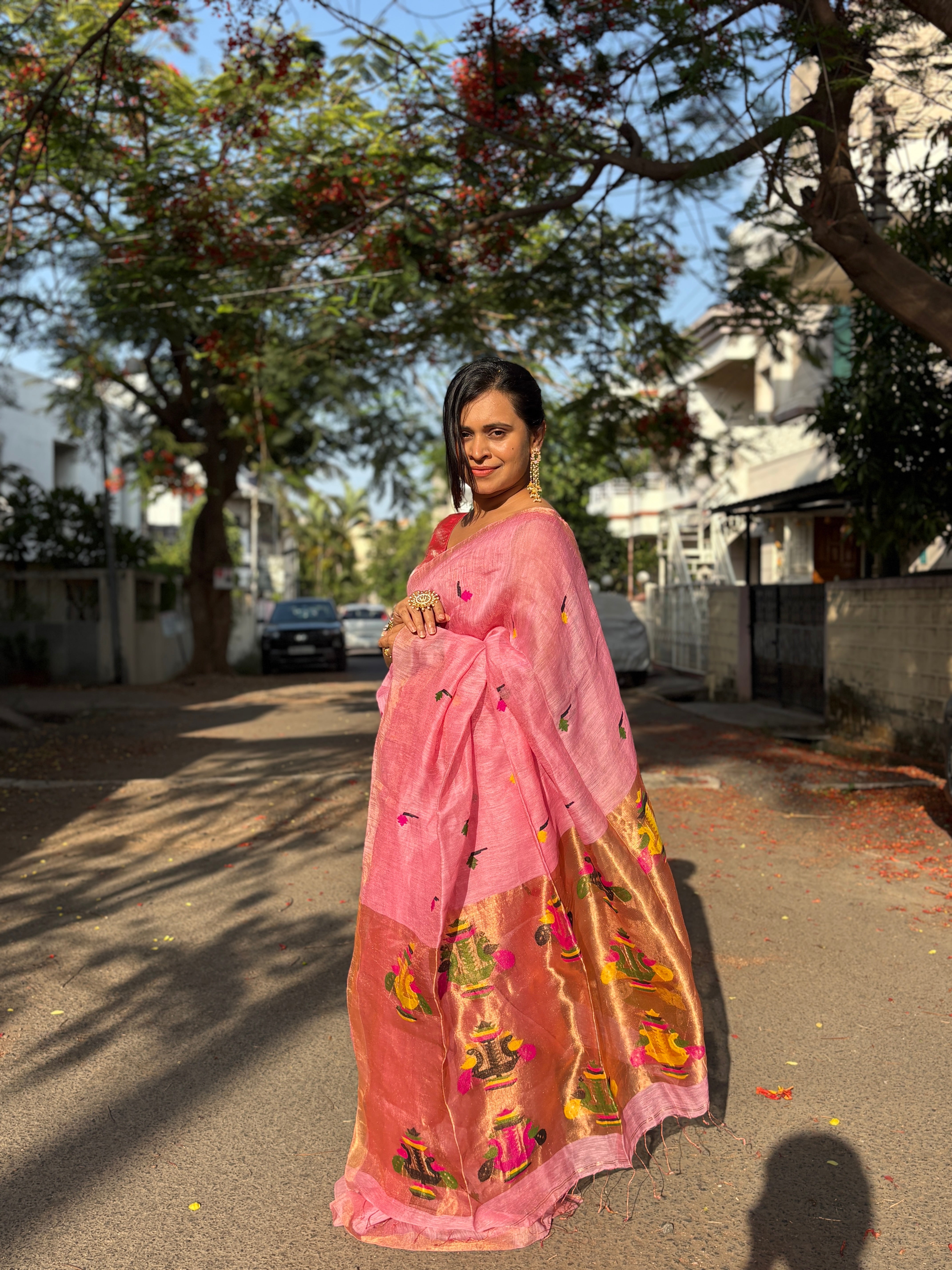 Premium Pink Linen Silk Paithani Jamdani Saree with Golden Zari Border | Festive Collection