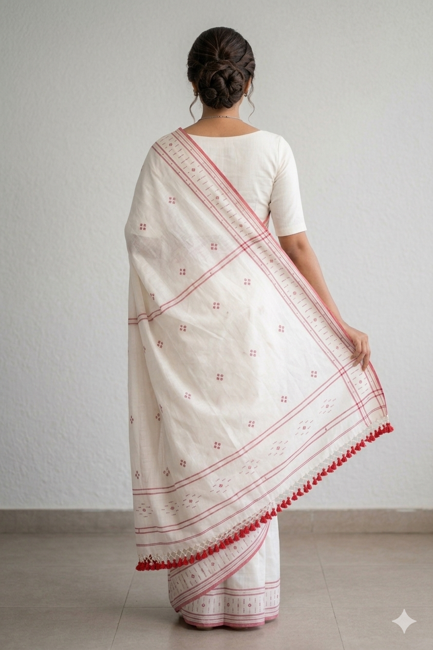 Handwoven Kantha embroidery pride of West-Bengal tradition Premium White Soft Cotton Handloom Saree | SUTA-SAGA