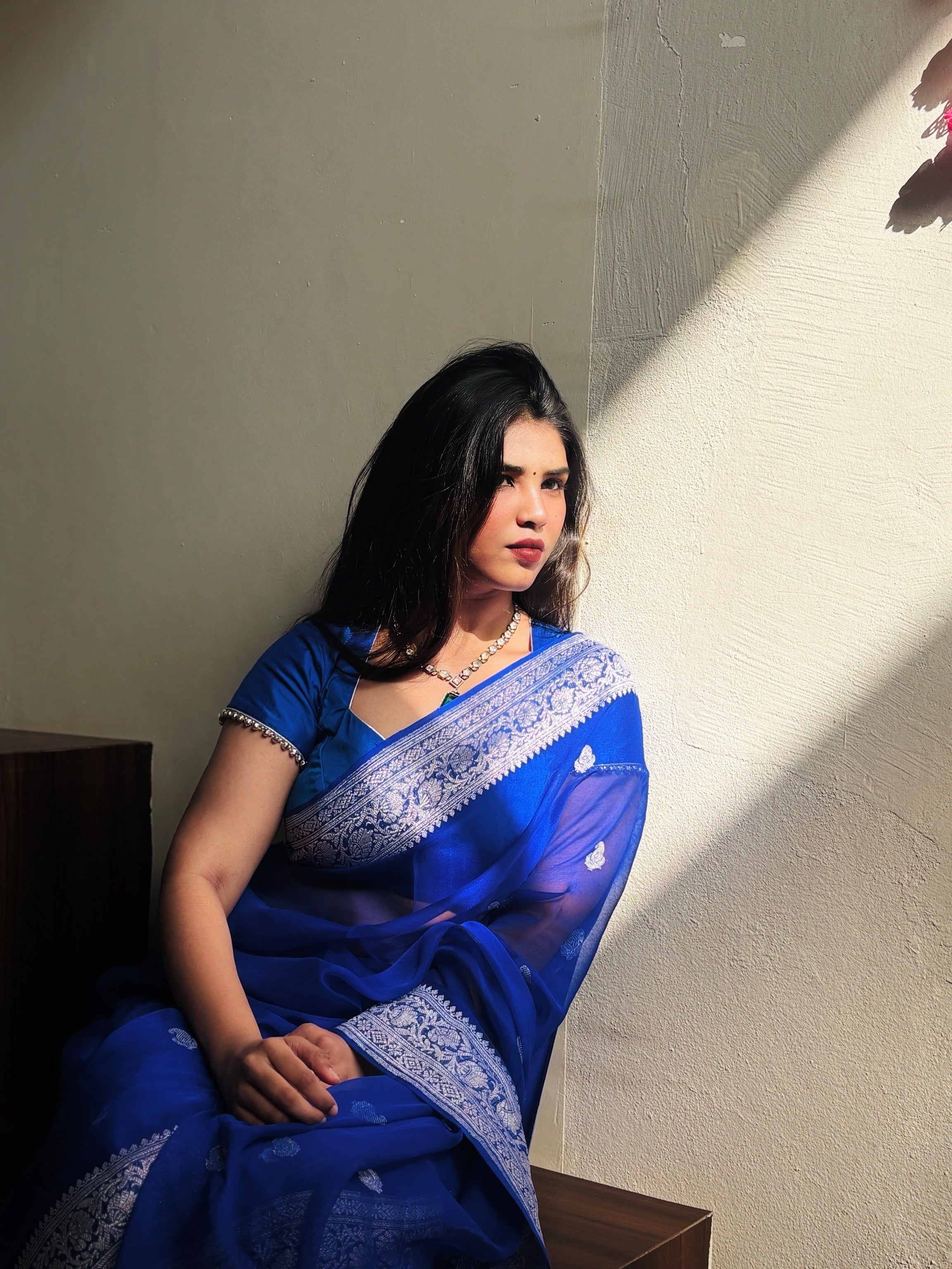 khaddi Chiffon Mysore Silk blue Saree – Handcrafted Elegance
