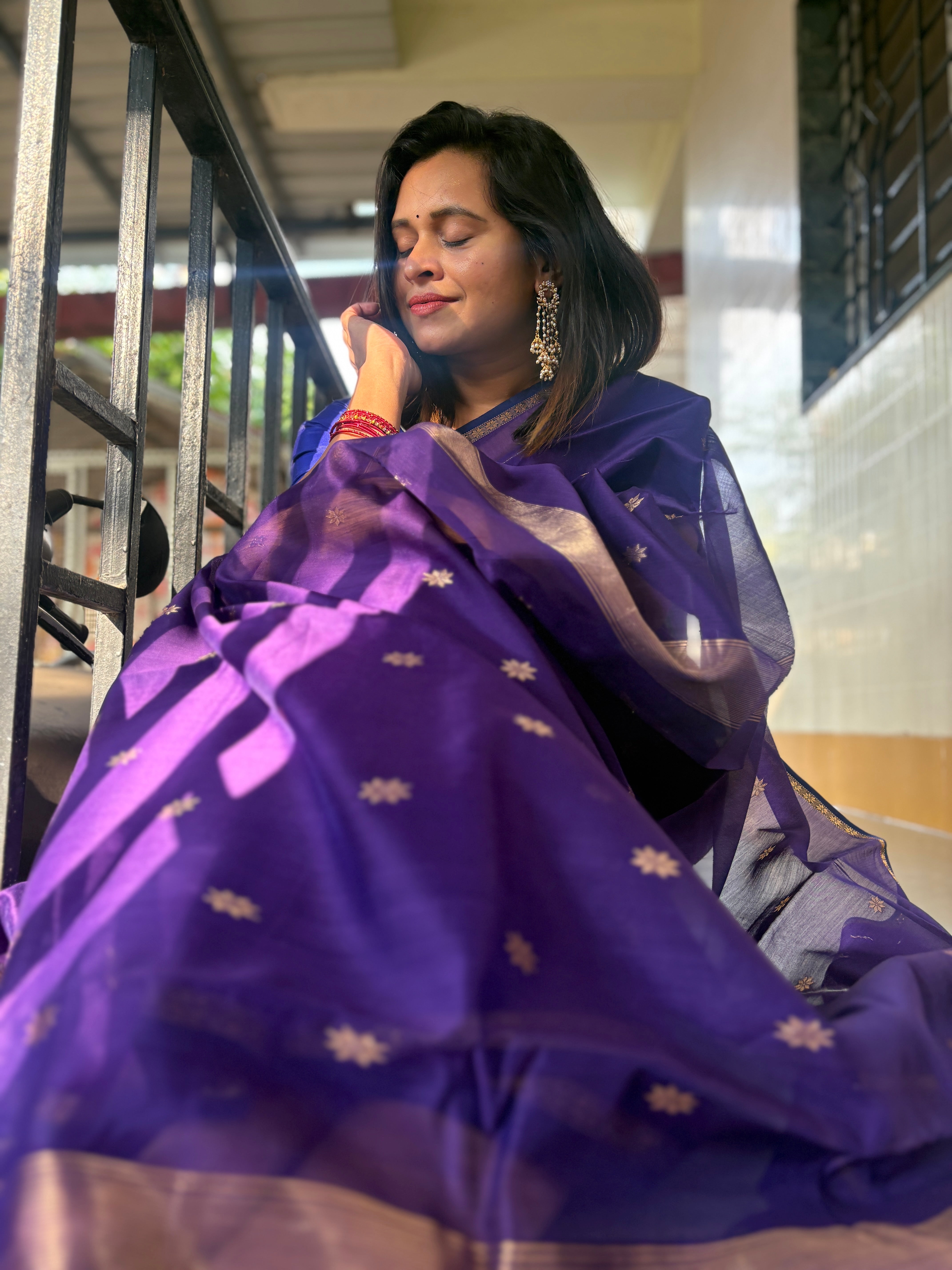 Authentic Royal Blue Maheshwari Silk Cotton Saree with Gold Zari Buttis | SUTA-SAGA