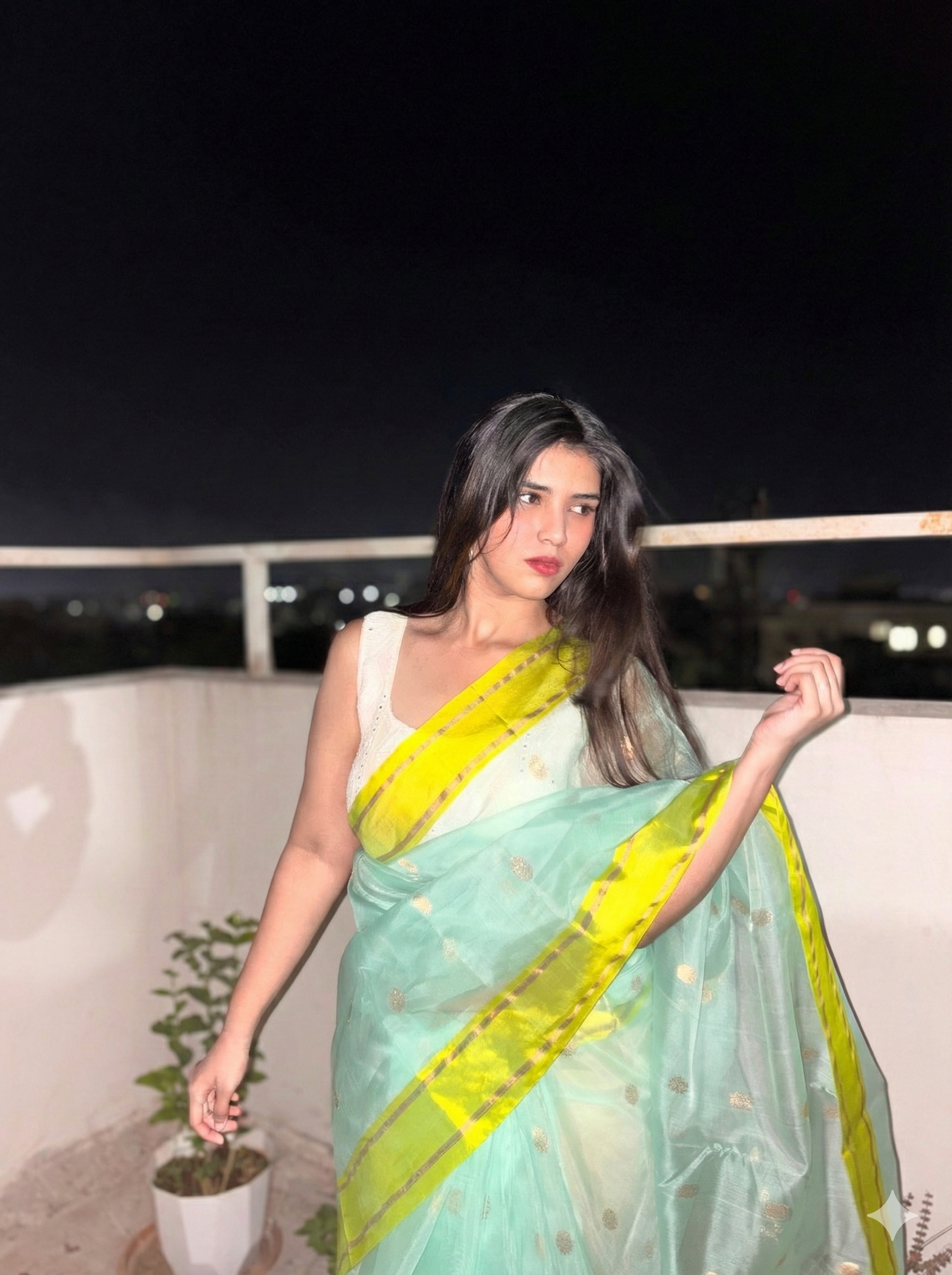 Premium Seafoam Green and Yellow Katan Silk Organza Chanderi Saree with Pattu Silk Borders and Rich Zari Pallu