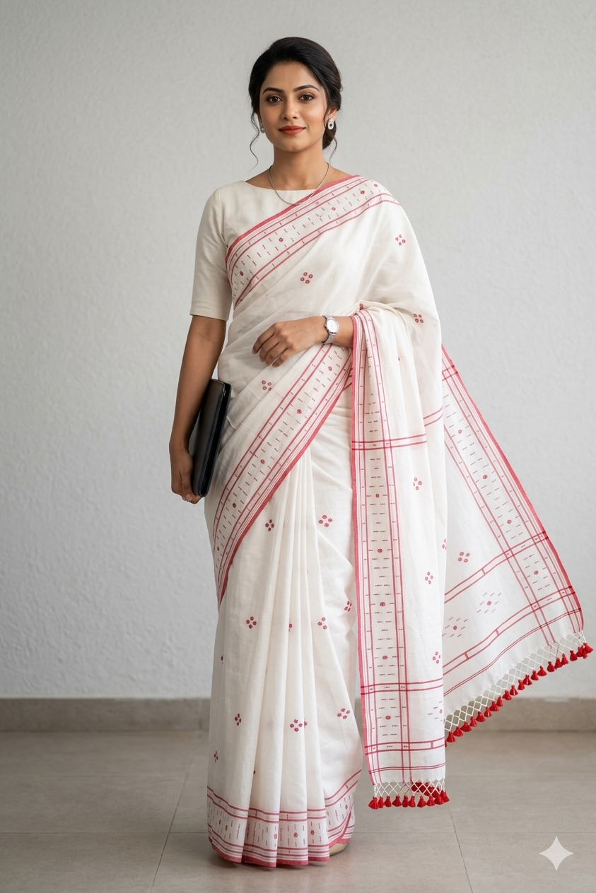 Handwoven Kantha embroidery pride of West-Bengal tradition Premium White Soft Cotton Handloom Saree | SUTA-SAGA
