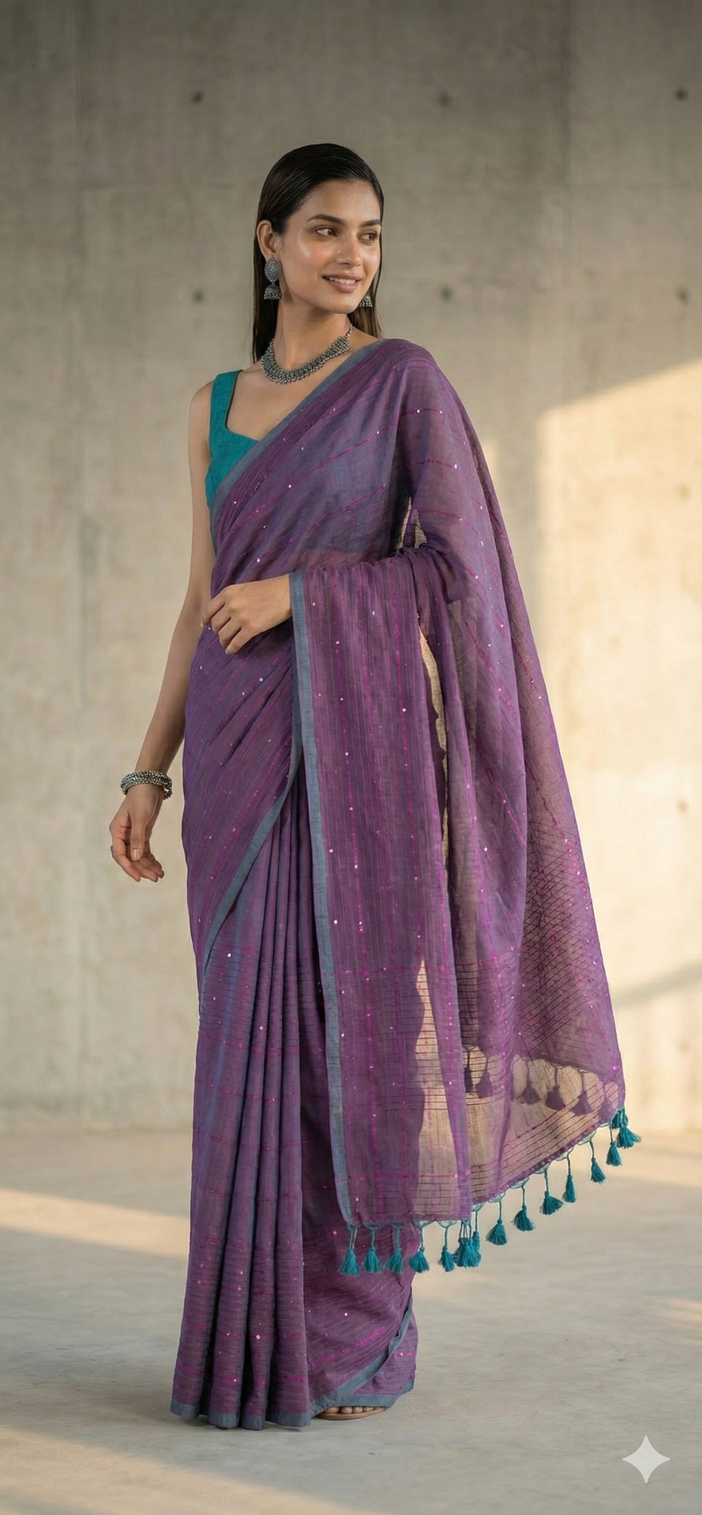 Woman wearing a purple saree with a teal blouse against a neutral background