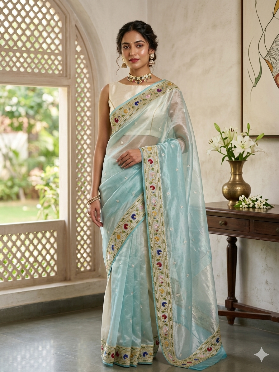 Banarasi Pure Tissue Silk Saree | Aqua Blue with Silver Bhuttas & Multicolored Floral Zari Border