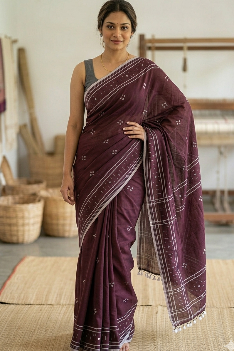 Handwoven Kantha embroidery pride of West-Bengal tradition Premium Maroon Soft Cotton Handloom Saree | SUTA-SAGA
