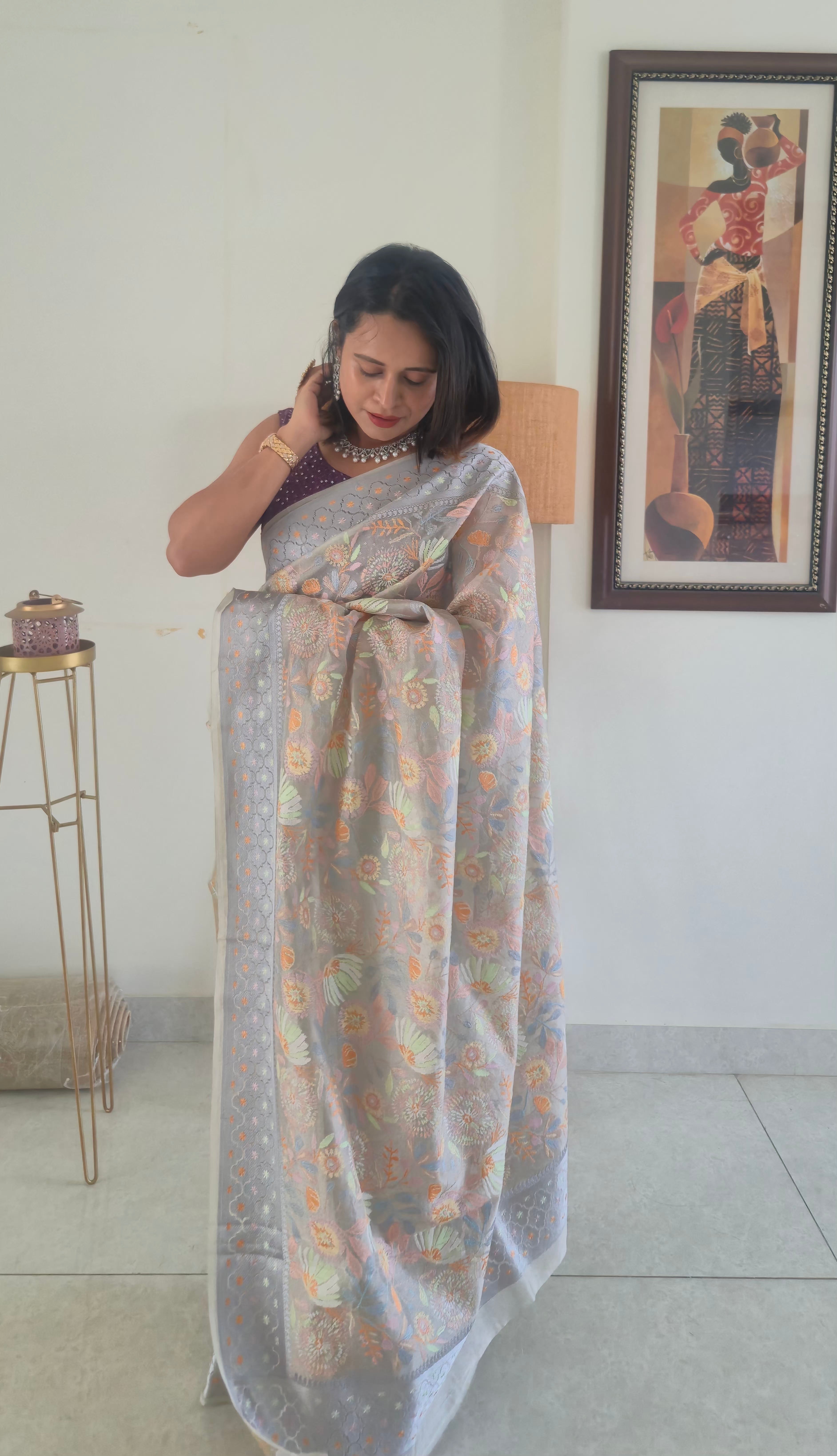 Ethereal Silver Organza Handwoven Saree | Authentic Chikankari Floral Work | SUTA-SAGA
