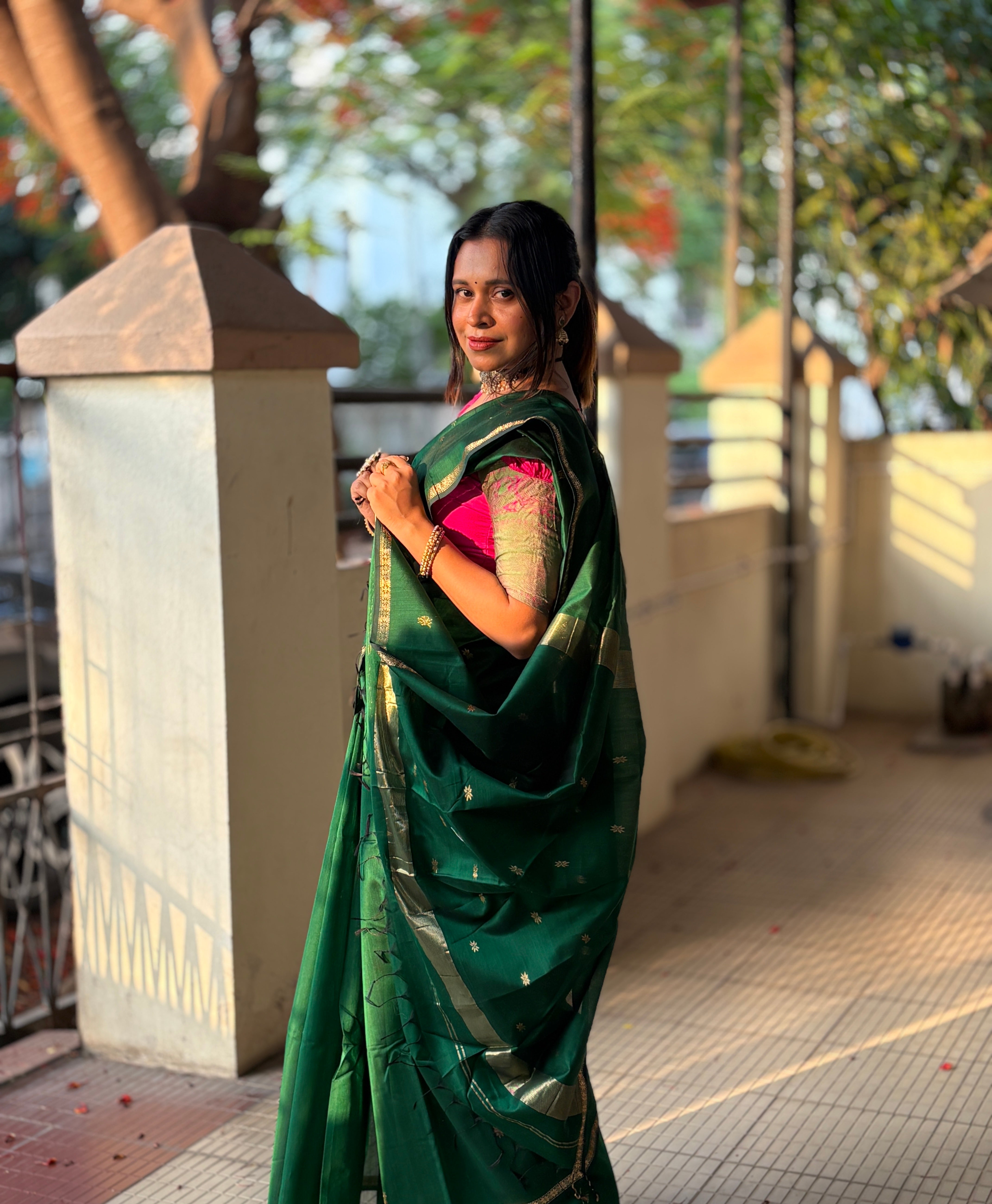 Authentic Bottle Green Maheshwari Silk Cotton Saree with Gold Zari Buttis | SUTA-SAGA