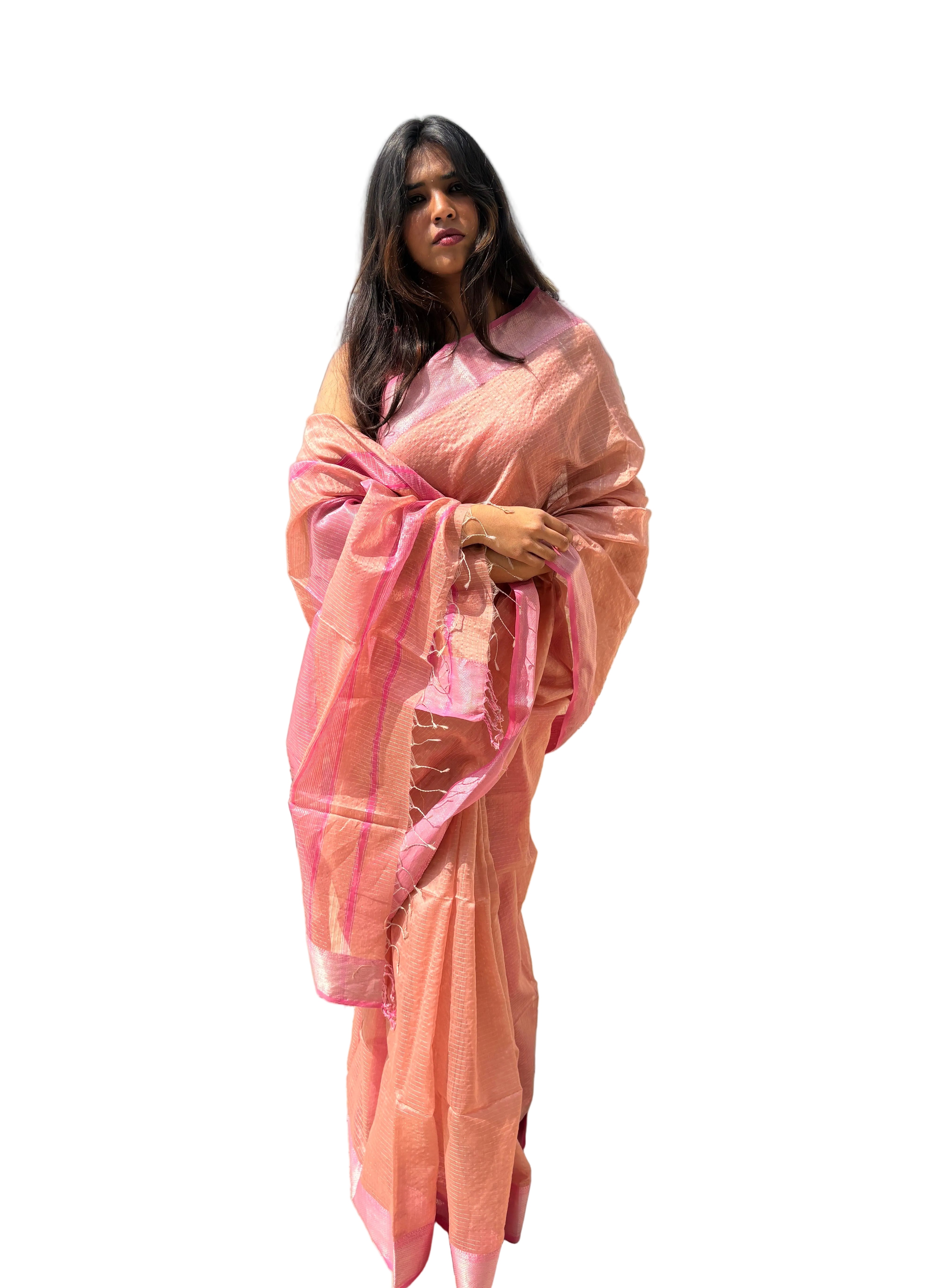 Authentic Blush Pink Maheshwari Silk Cotton Saree with Silver Zari Checks | SUTA-SAGA
