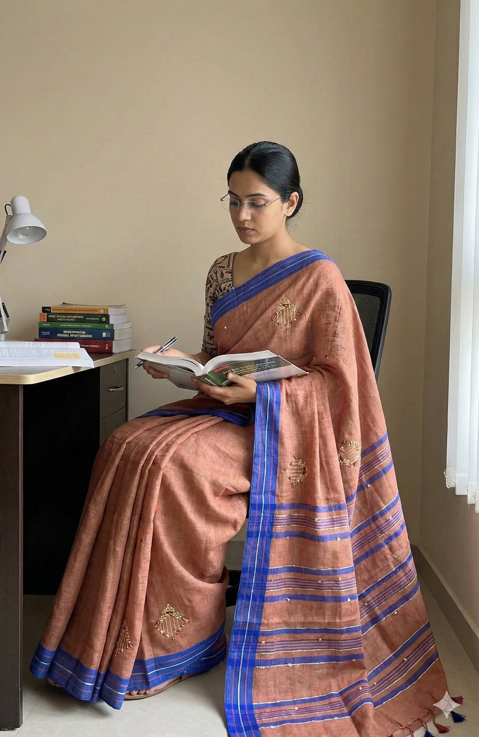 Pure Linen Saree in Earthy Terracotta with Gold Zari french knot embroidery Motifs and Contrast Blue Striped Pallu