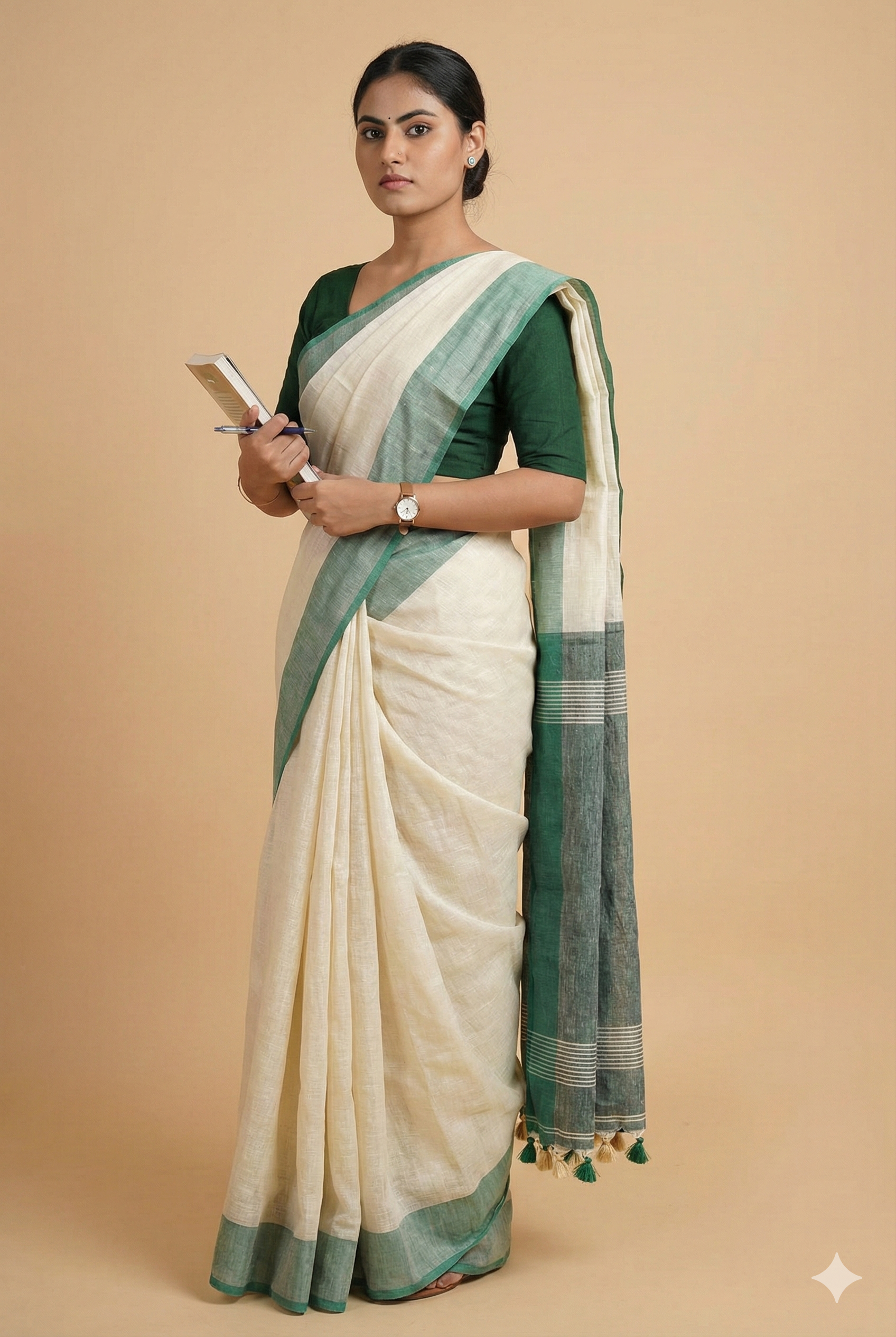 Pure Linen Saree in Cream with Emerald Green Border & Tassels