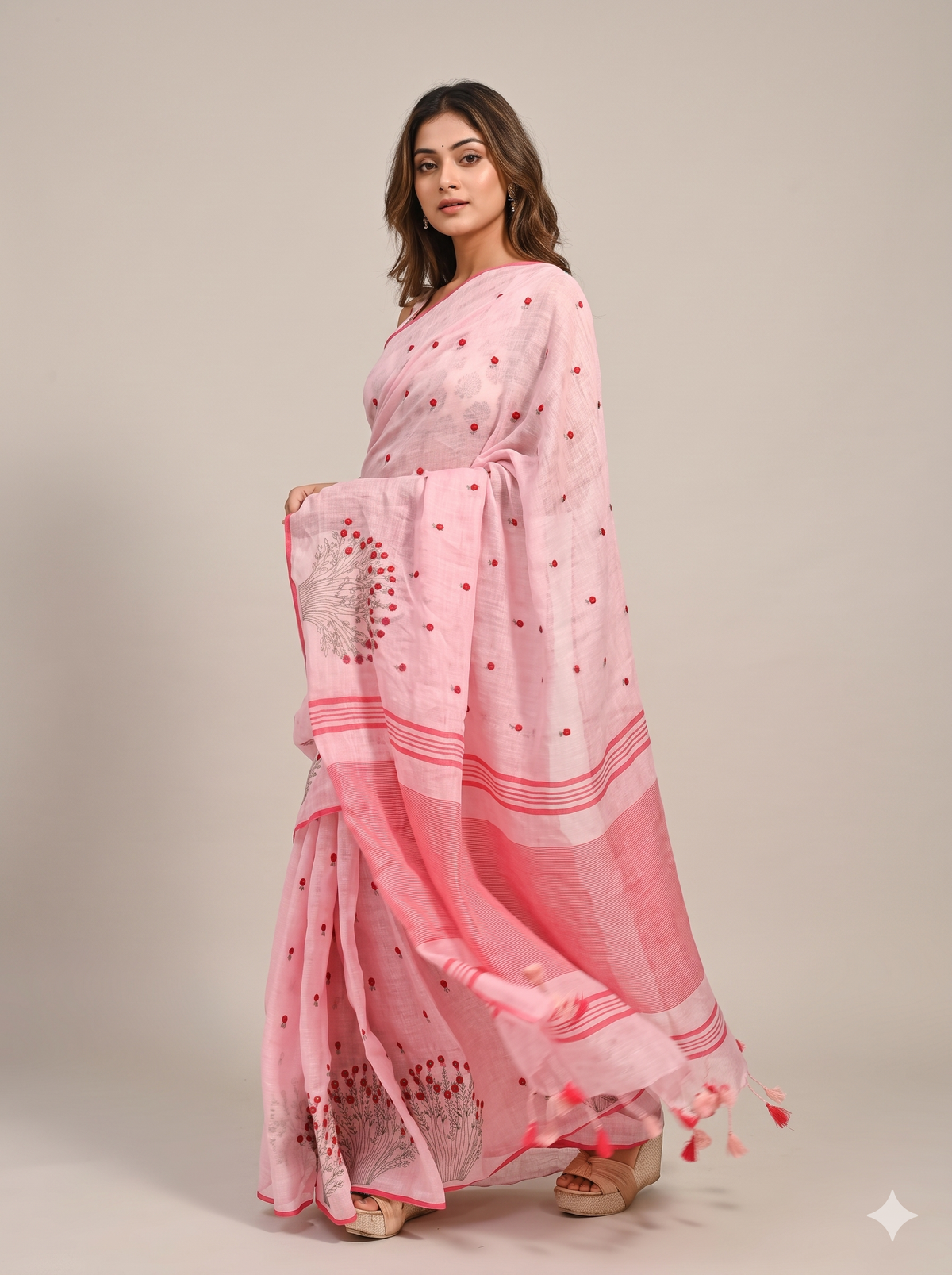 Blush Pink Linen Saree with Floral French Knot Embroidery & Tasseled Pallu