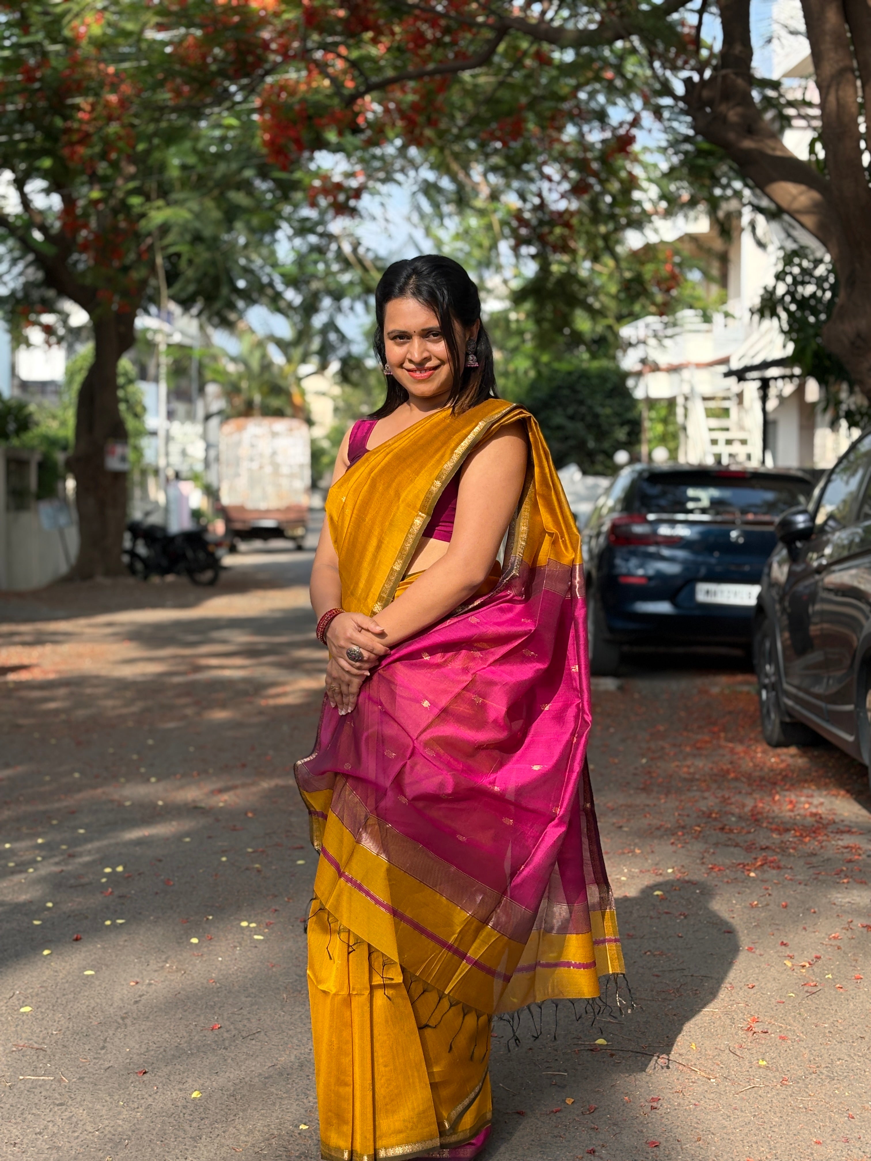 Authentic Yellow Maheshwari Silk Cotton Saree with Gold Zari Buttis | SUTA-SAGA