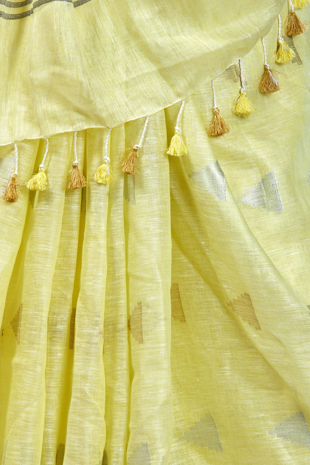 Embrace Radiant Elegance in this Yellow Linen Saree with Woven Stripes & Tassels