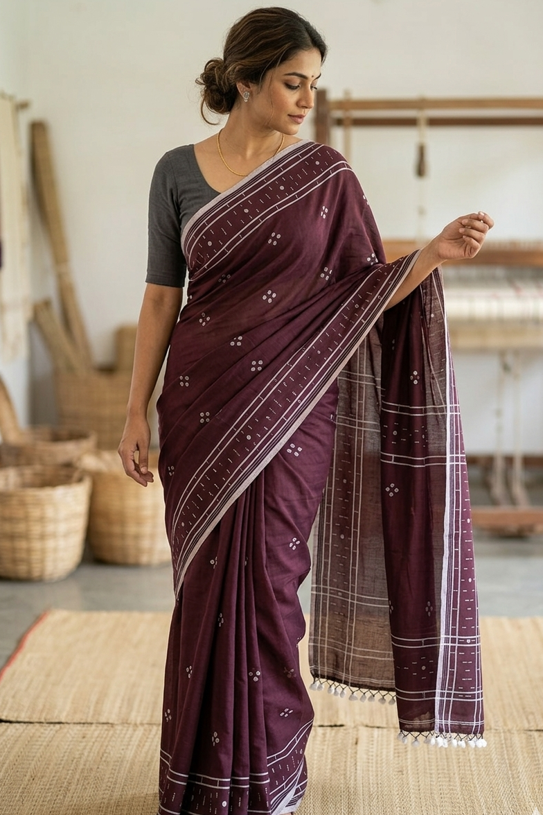 Handwoven Kantha embroidery pride of West-Bengal tradition Premium Maroon Soft Cotton Handloom Saree | SUTA-SAGA