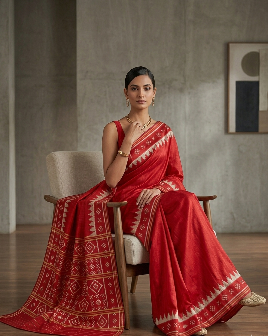 EXCLUSIVE Pasapalli Mulberry Pata Silk Red Saree – Heritage Checkered Ikat with Classic Anchal