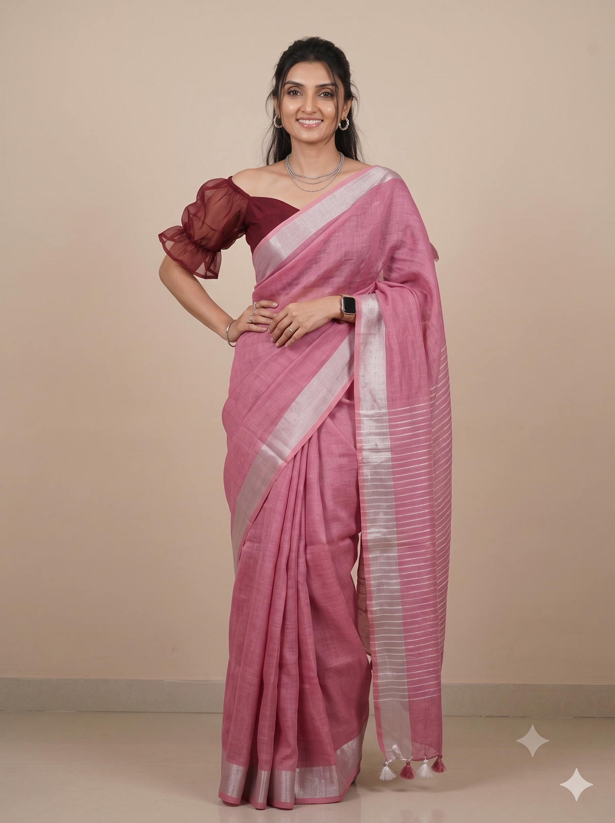Premium Pure Handloom Linen Saree in Soft Pink with Silver Zari Border | Breathable Office Wear Saree