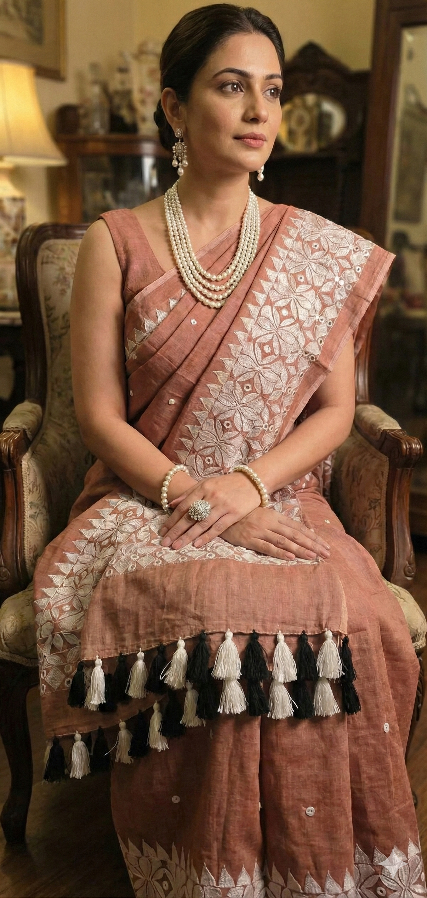 Woman in a traditional saree sitting on a chair in an indoor setting