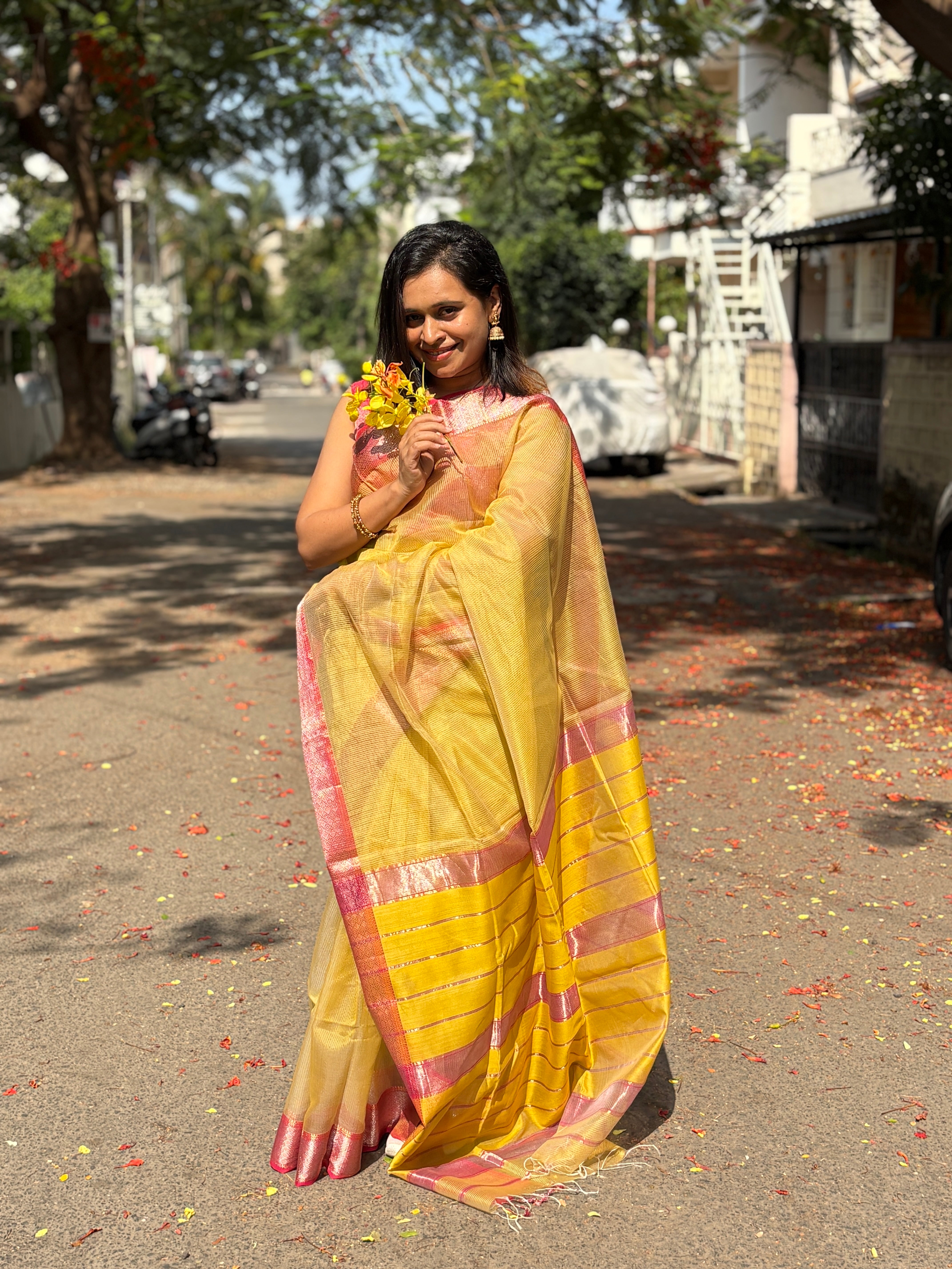 Authentic Radiant Golden - Yellow Handloom Maheshwari Silk Cotton Saree with Silver Zari Checks | SUTA-SAGA