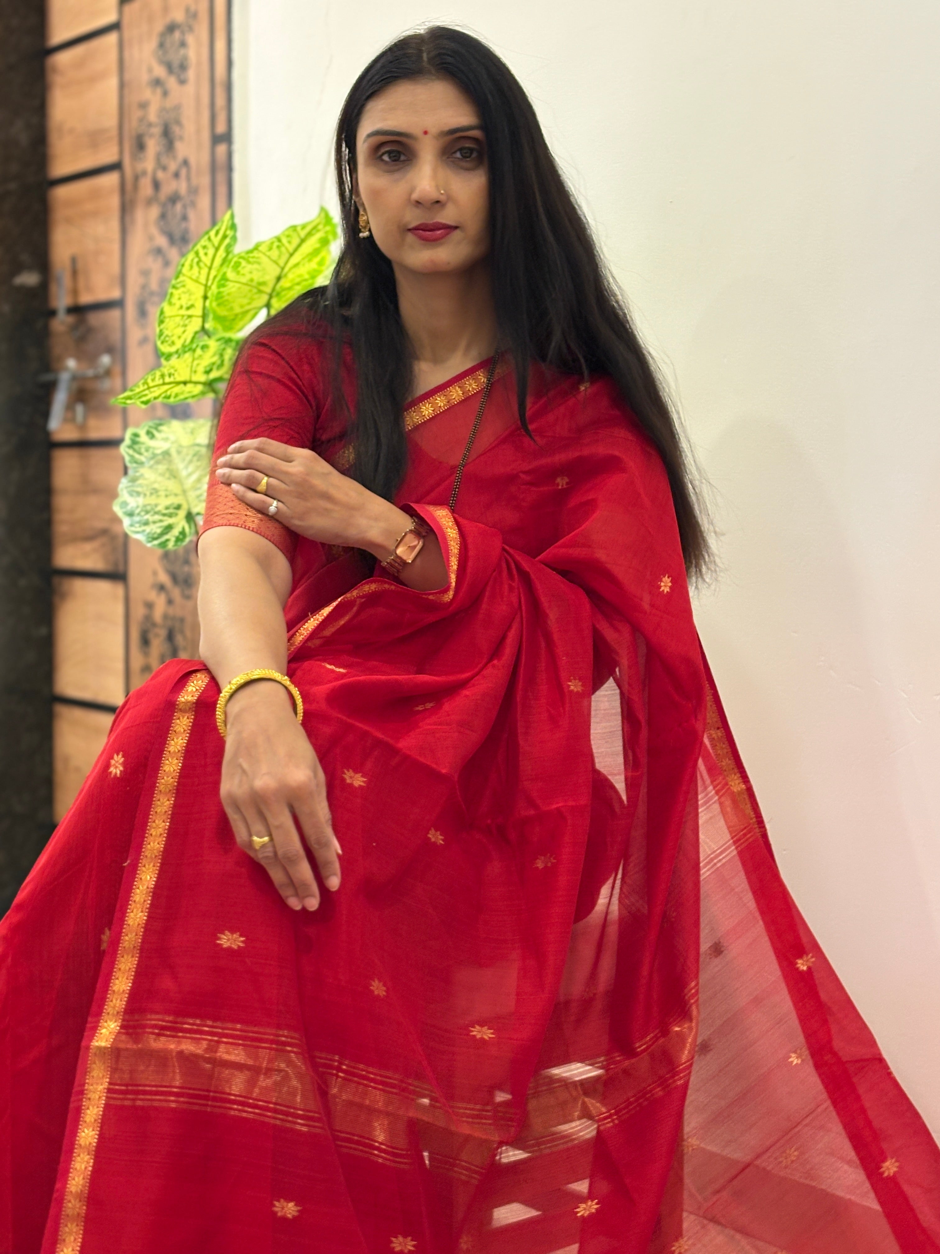 Authentic Crimson Red Maheshwari Silk Cotton Saree with Gold Zari Buttis | SUTA-SAGA