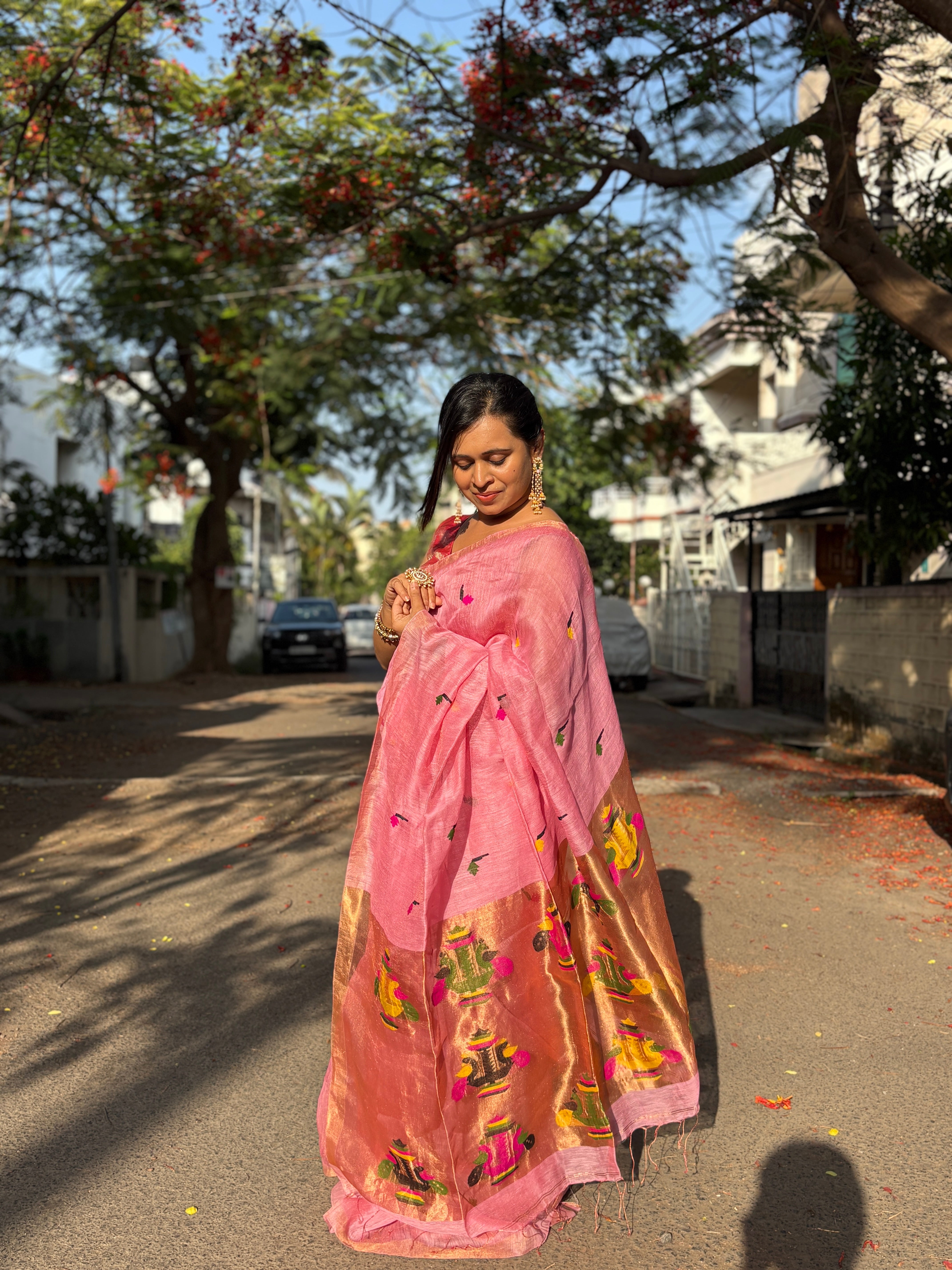 Premium Pink Linen Silk Paithani Jamdani Saree with Golden Zari Border | Festive Collection