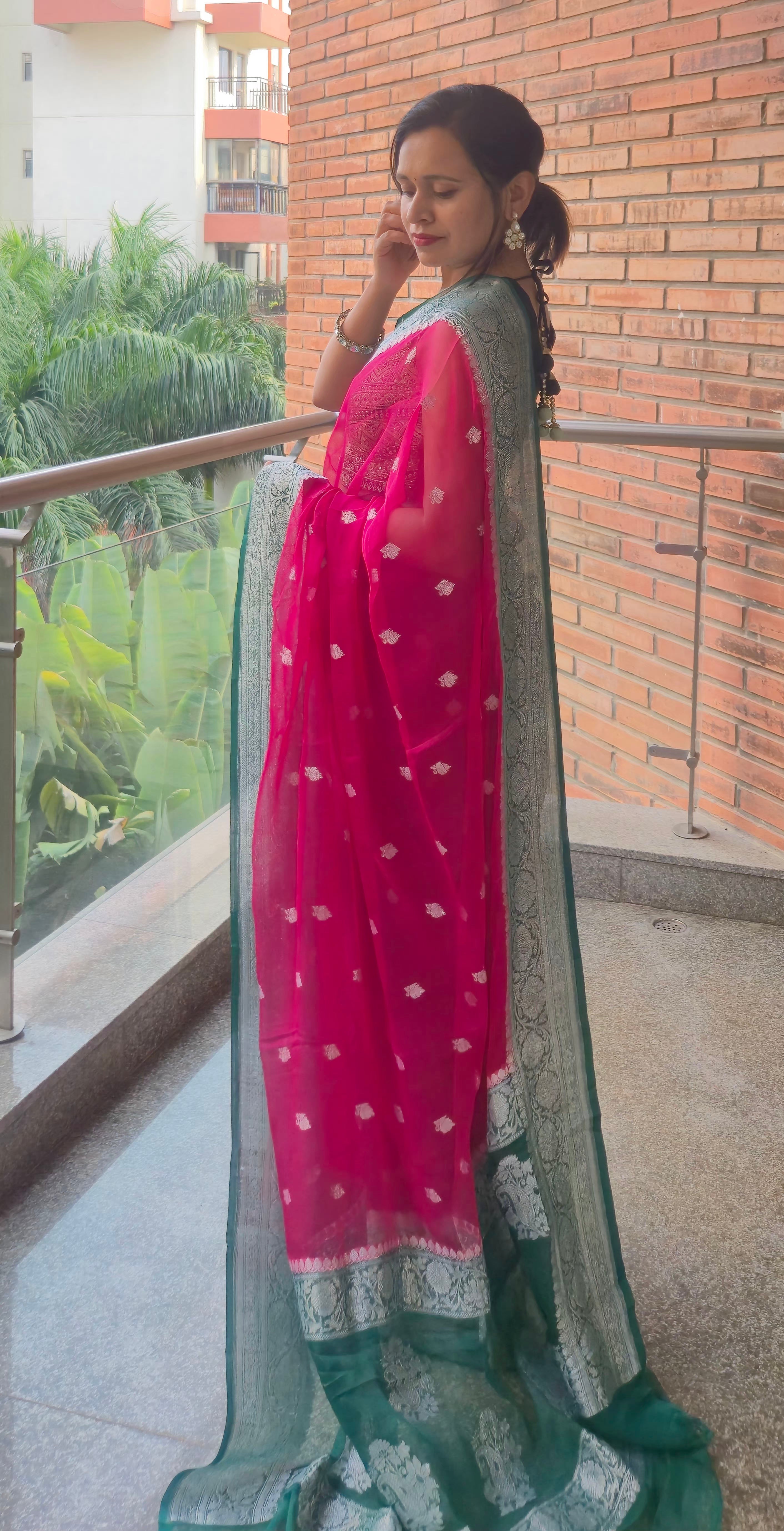 khaddi Chiffon Mysore Silk crimson Pinkish Saree – Handcrafted Elegance
